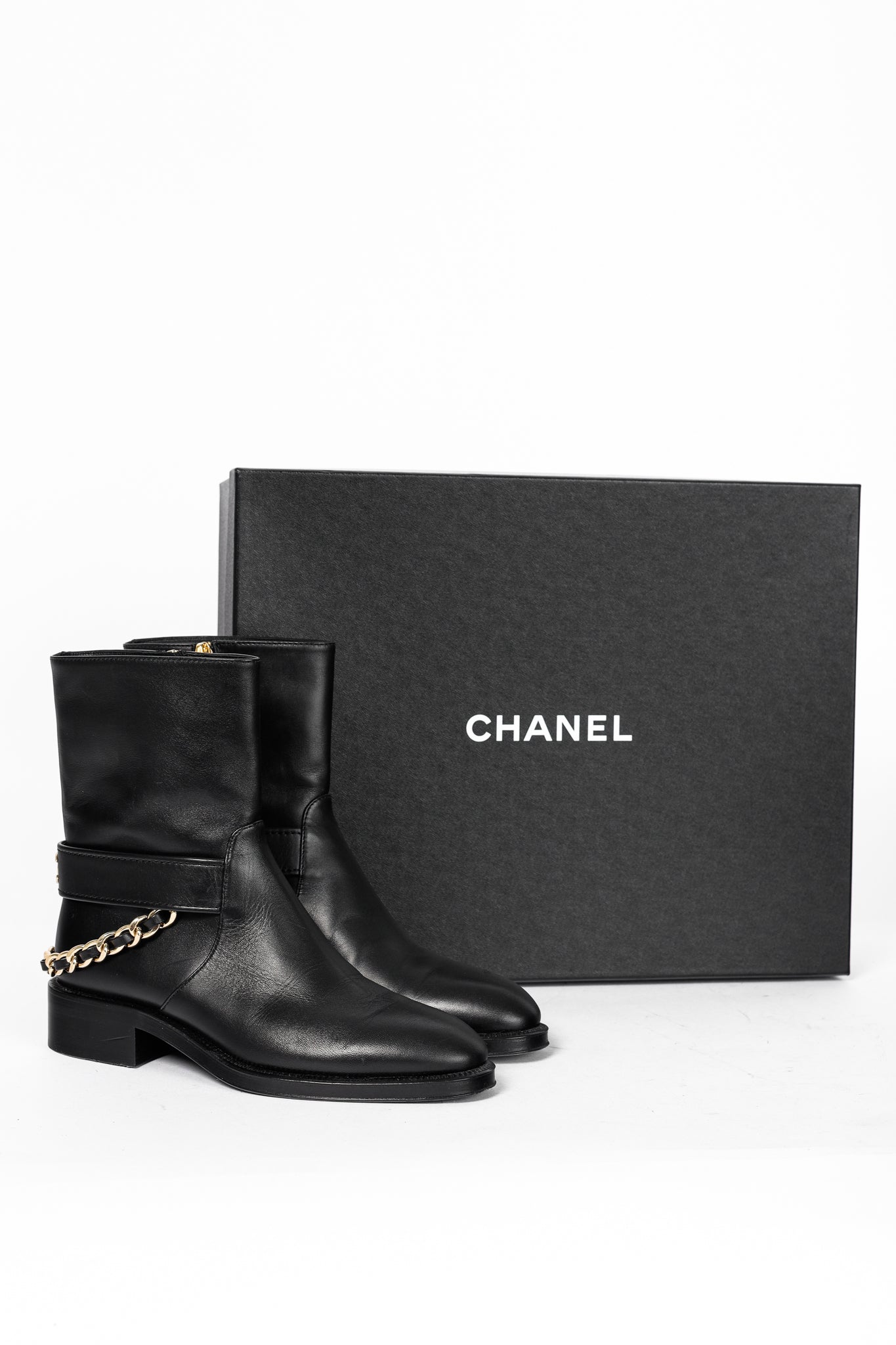 Chanel 22A Black Calfskin & Metal CC Chainlink Moto Boots