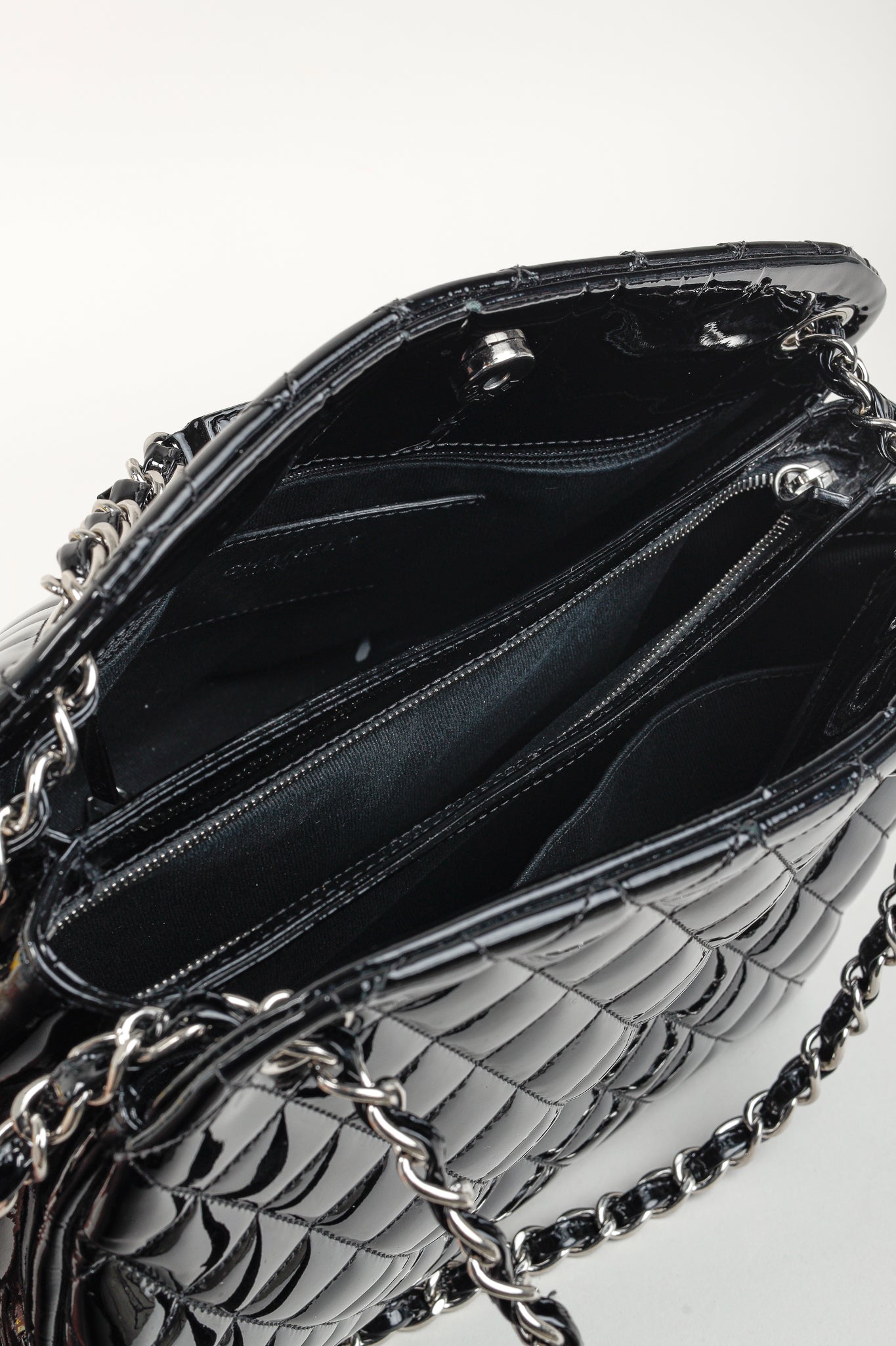 Chanel Just Mademoiselle Large Black Quilted Patent Leather Handbag