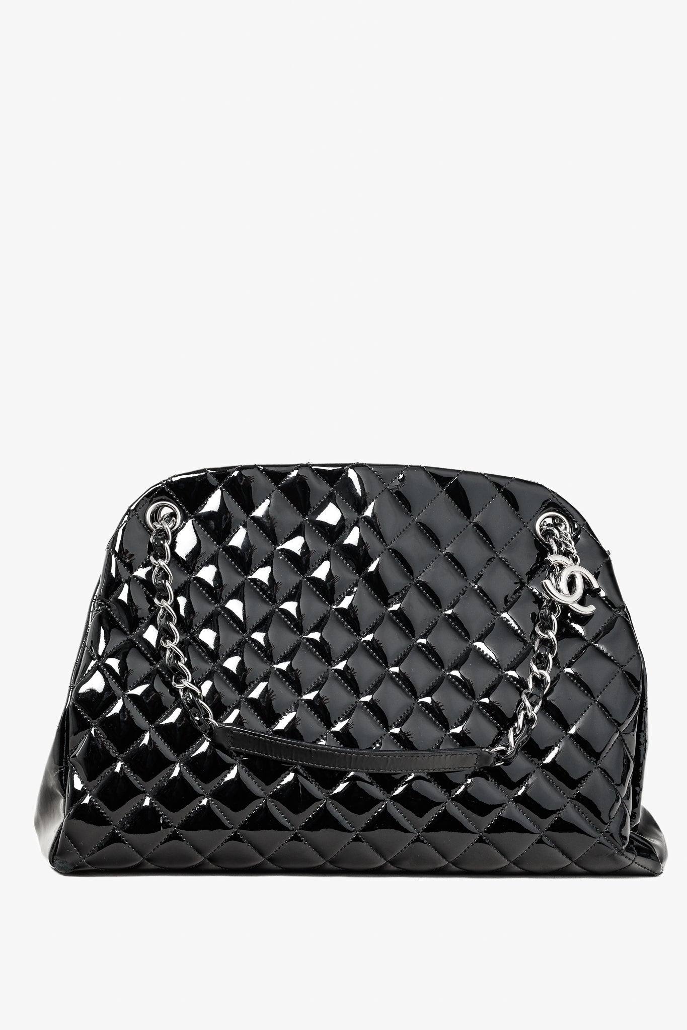 Chanel Just Mademoiselle Large Black Quilted Patent Leather Handbag