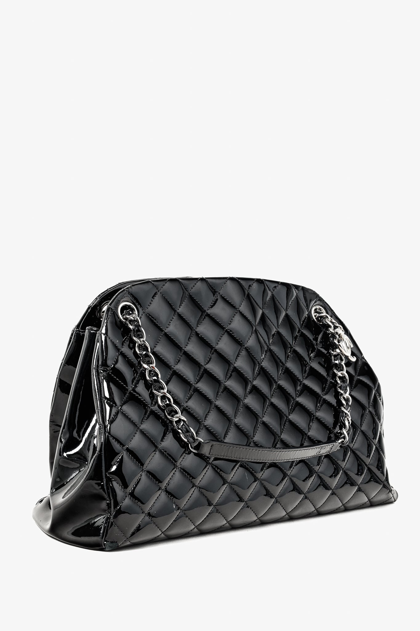 Chanel Just Mademoiselle Large Black Quilted Patent Leather Handbag
