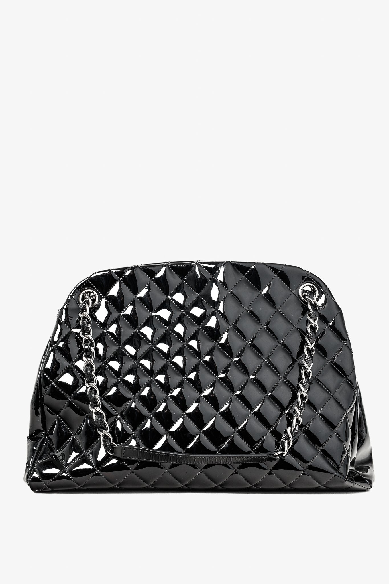 Chanel Just Mademoiselle Large Black Quilted Patent Leather Handbag