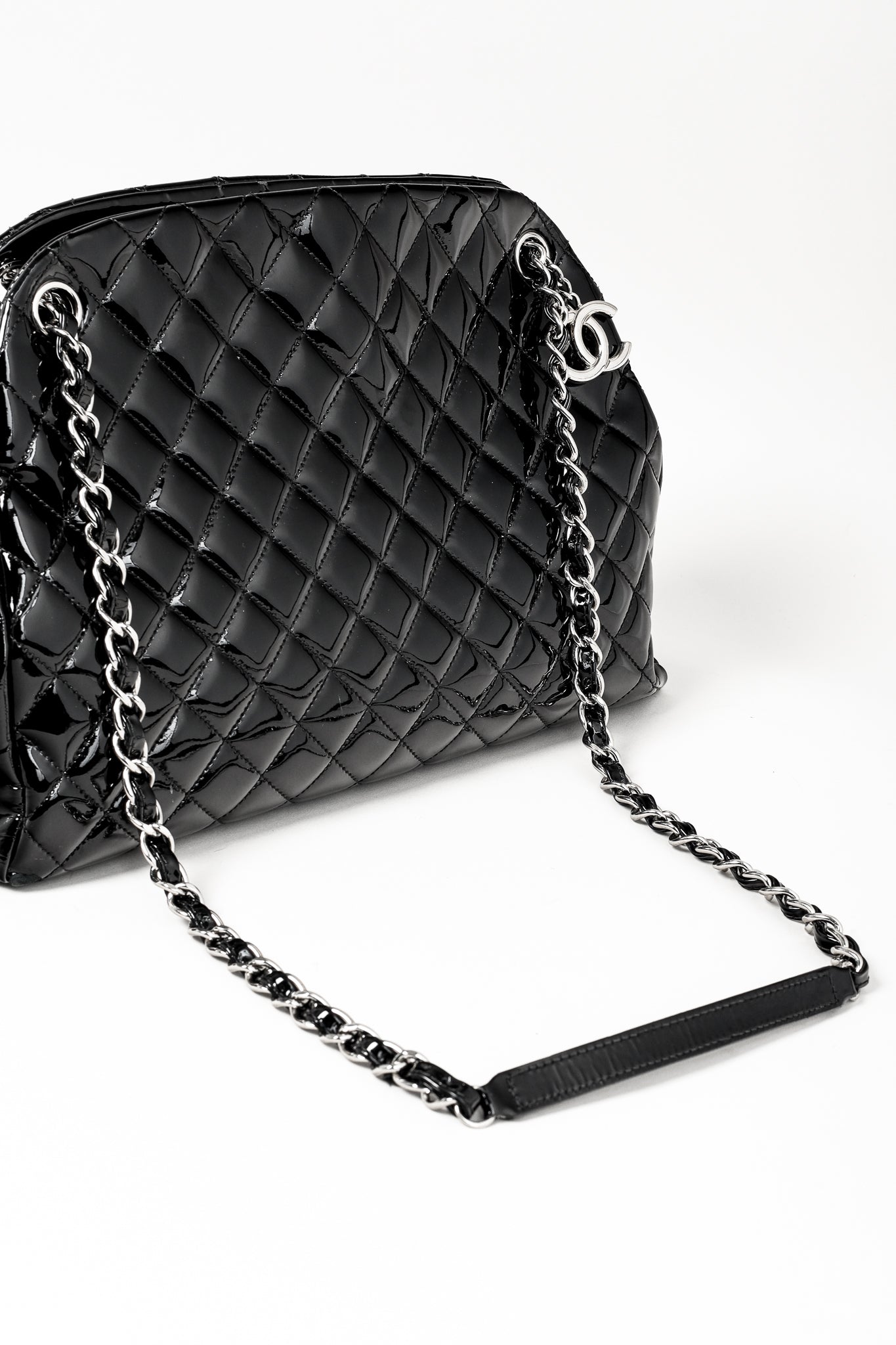 Chanel Just Mademoiselle Large Black Quilted Patent Leather Handbag