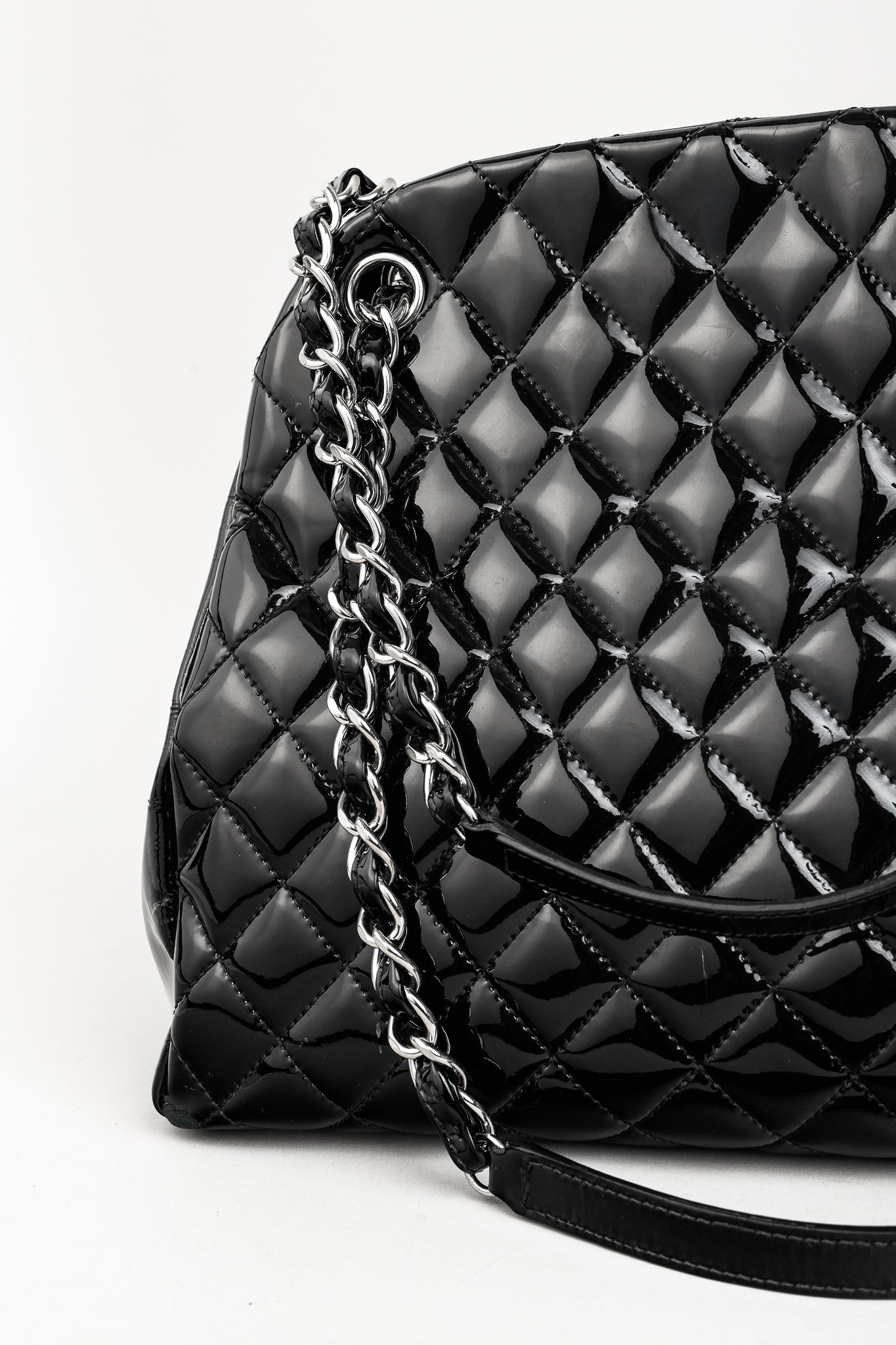 Chanel Just Mademoiselle Large Black Quilted Patent Leather Handbag