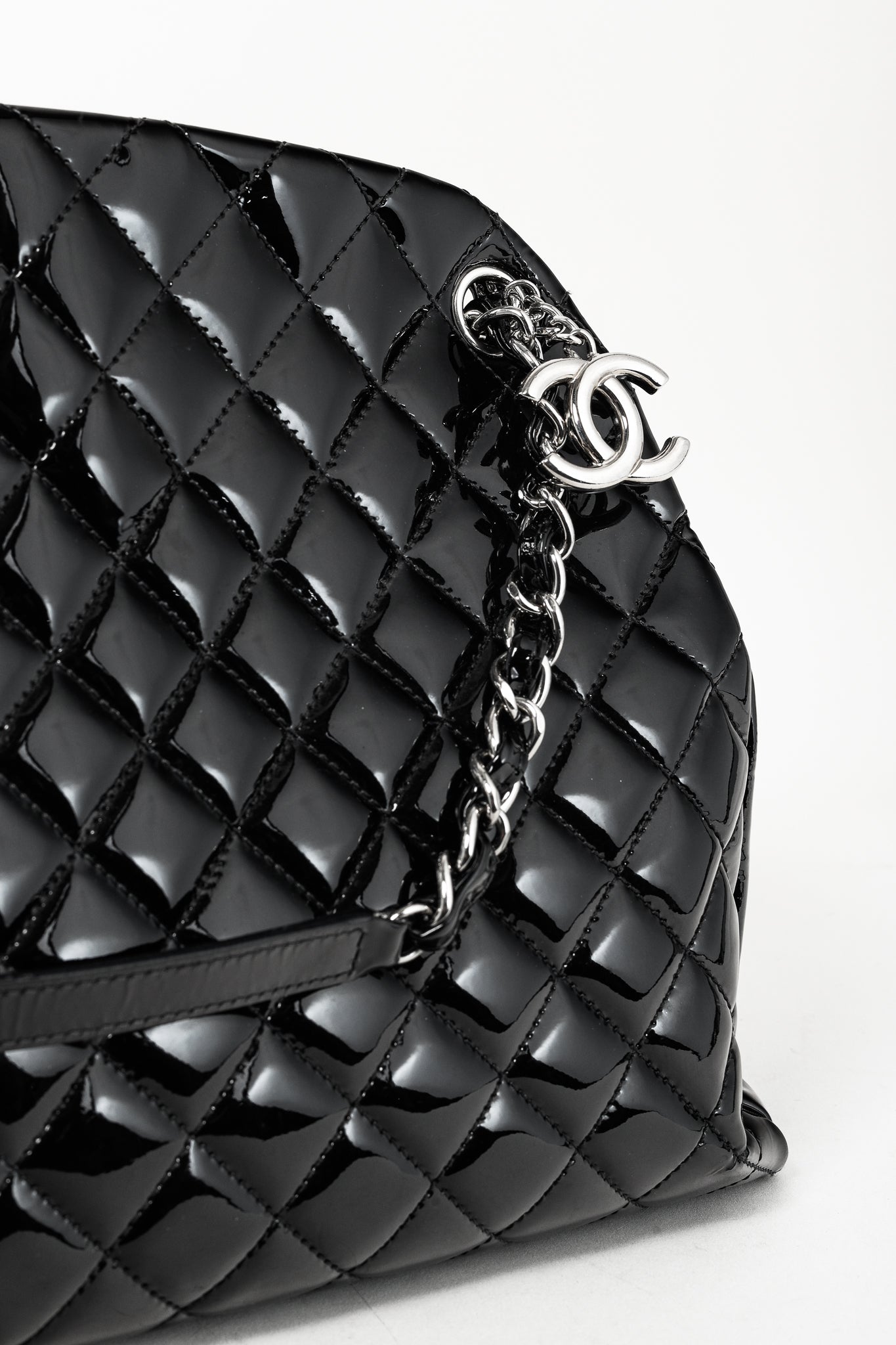 Chanel Just Mademoiselle Large Black Quilted Patent Leather Handbag