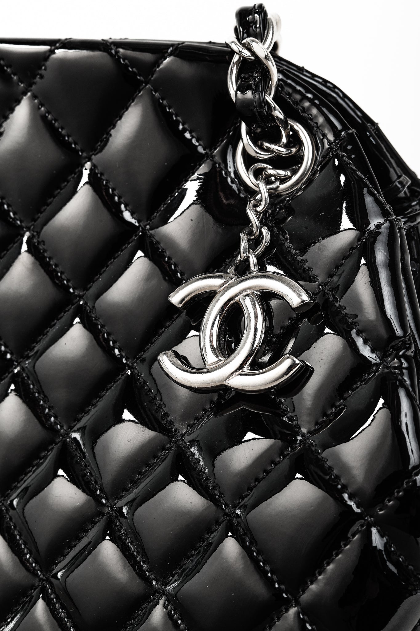 Chanel Just Mademoiselle Large Black Quilted Patent Leather Handbag