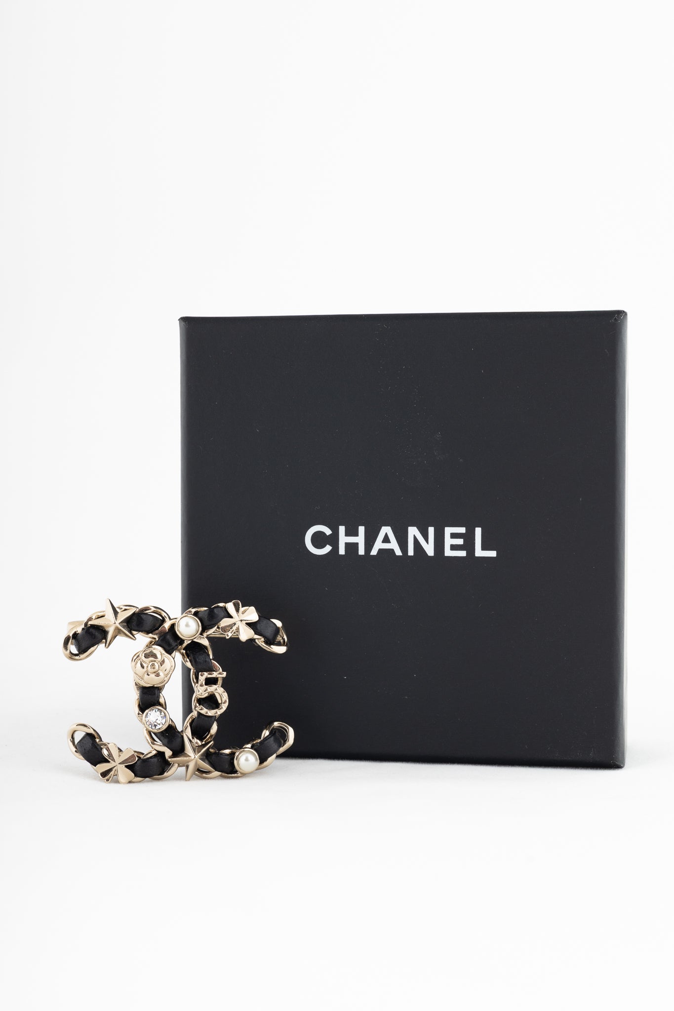 Chanel Black Leather Embellished CC-Logo Brooch
