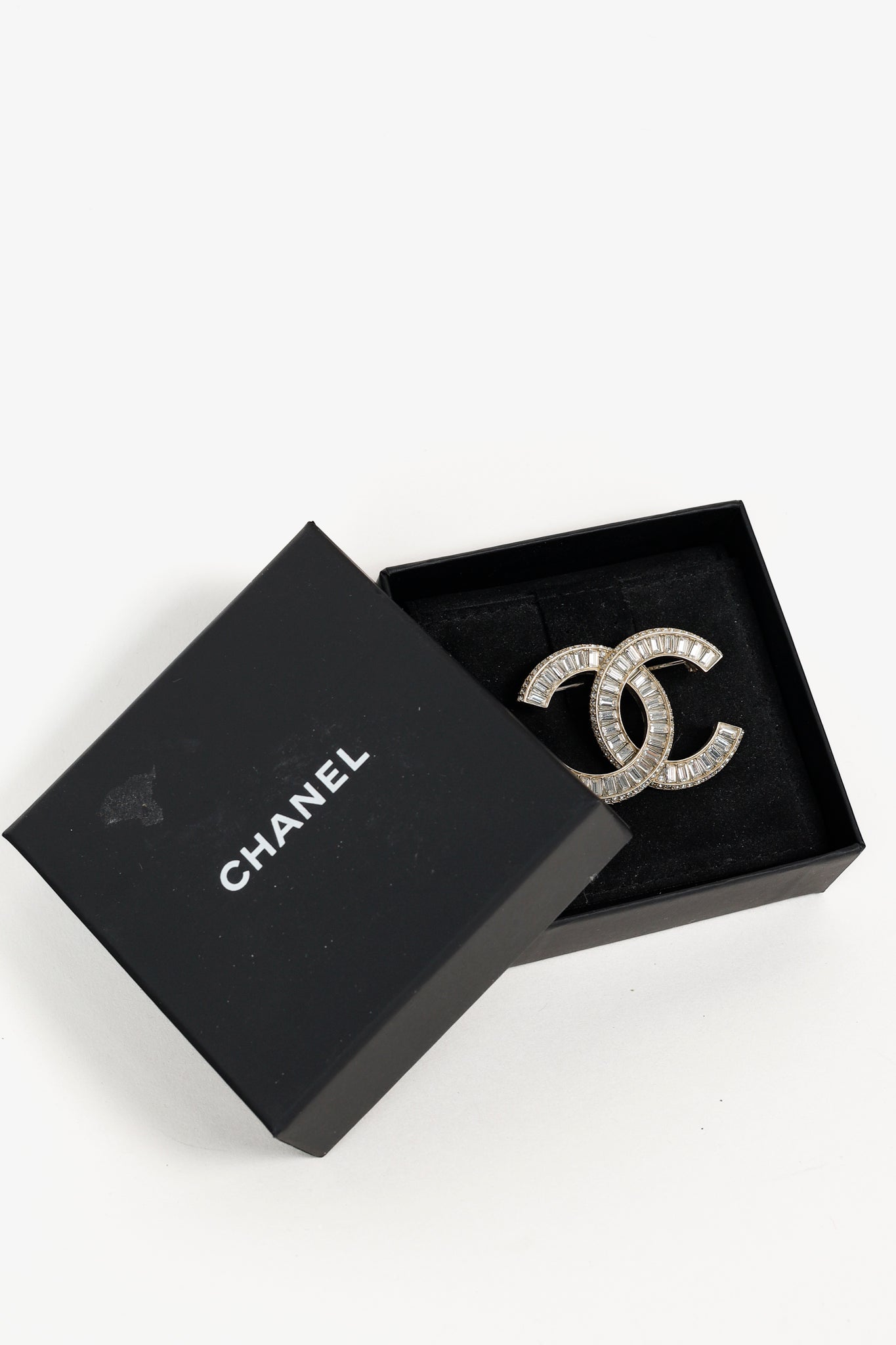 Chanel Baguette Cut Rhinestone CC Logo Brooch