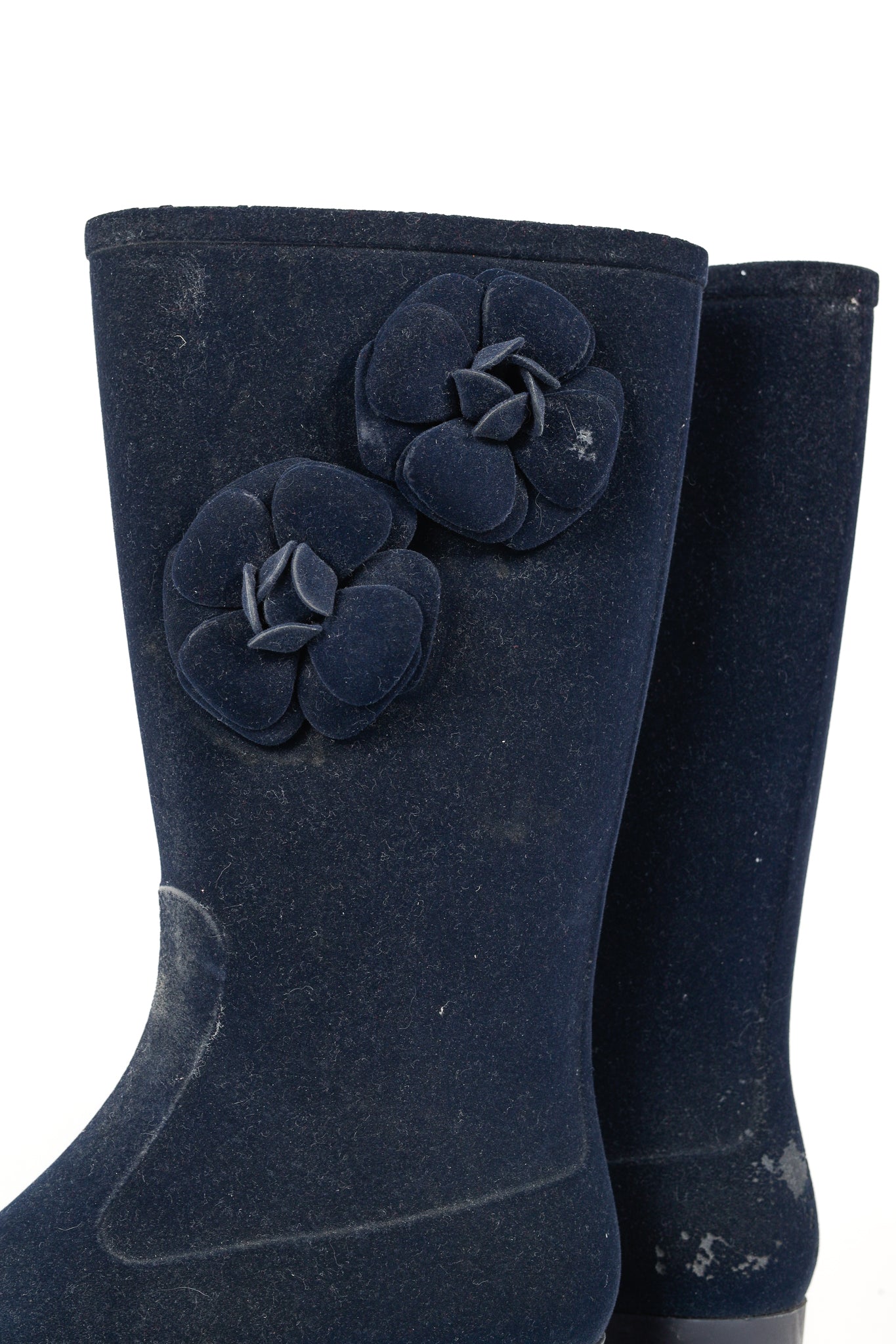 Chanel 11A Navy Velvet Camellia Rubber Rain Boots