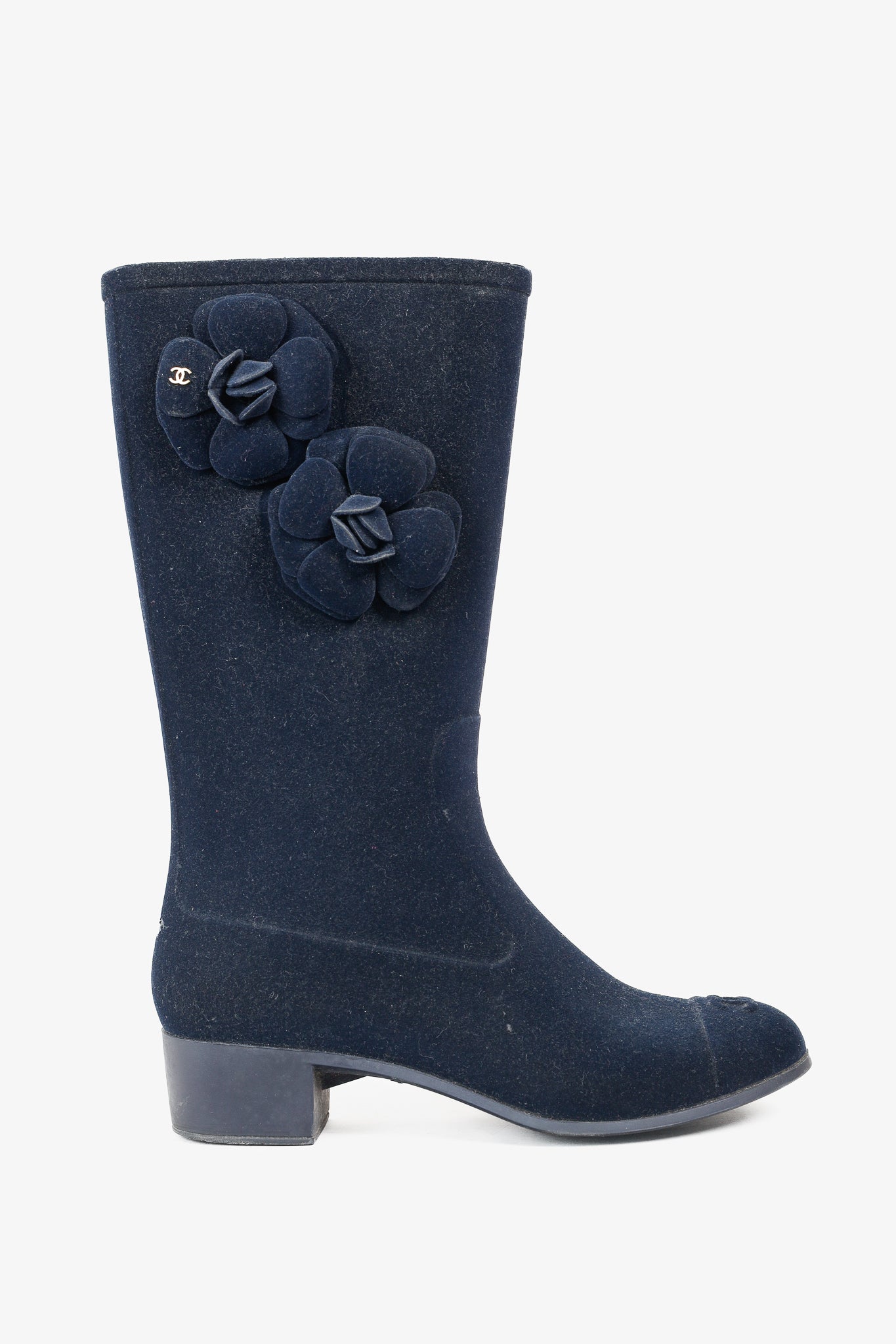Chanel 11A Navy Velvet Camellia Rubber Rain Boots