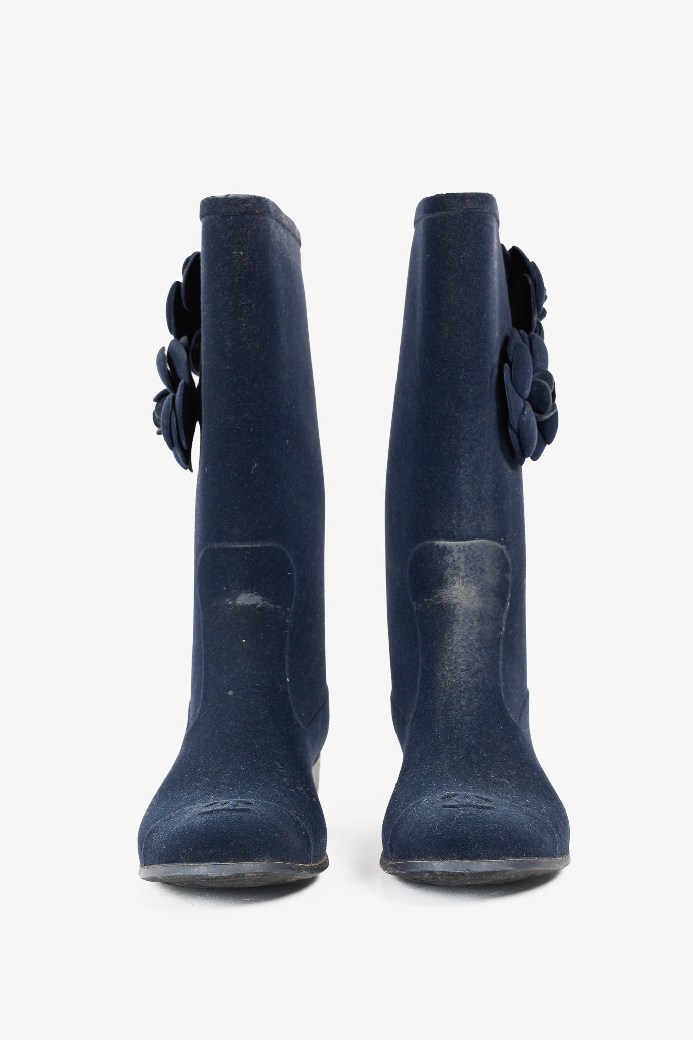 Chanel 11A Navy Velvet Camellia Rubber Rain Boots