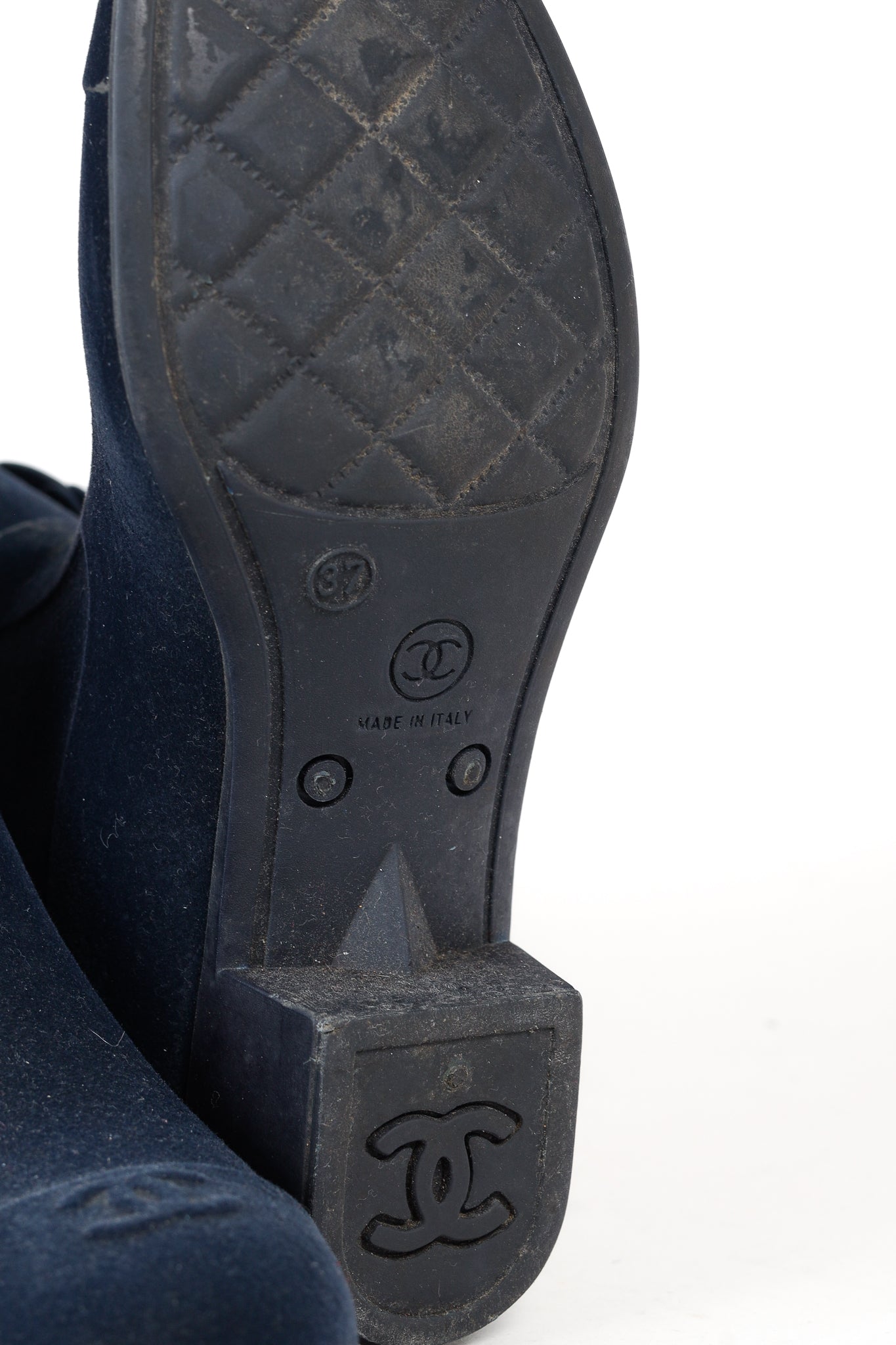 Chanel 11A Navy Velvet Camellia Rubber Rain Boots