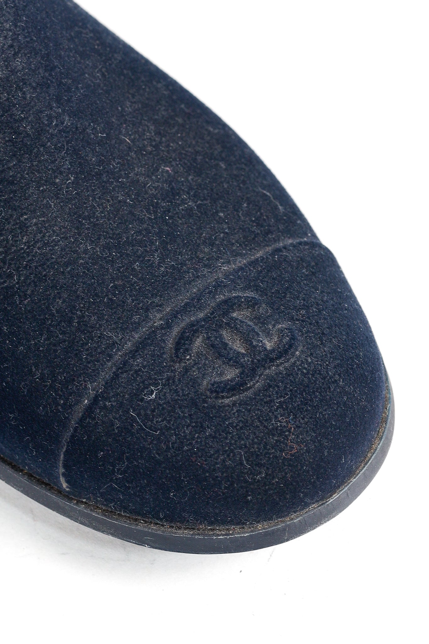 Chanel 11A Navy Velvet Camellia Rubber Rain Boots