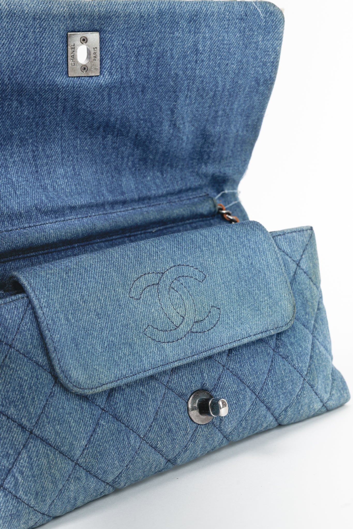 Chanel 15P Blue Denim Fringe CC Medium Flap Bag