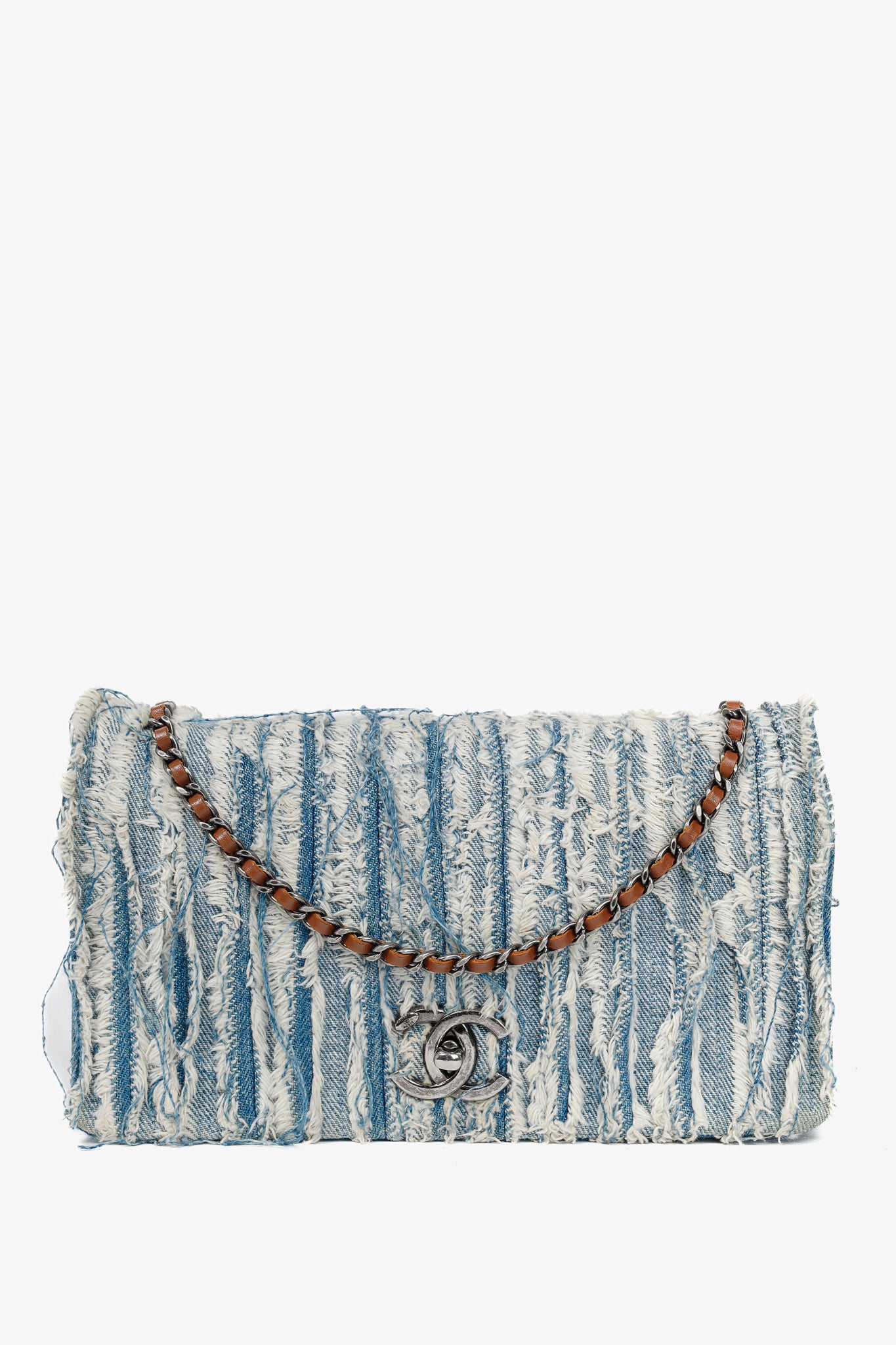 Chanel 15P Blue Denim Fringe CC Medium Flap Bag