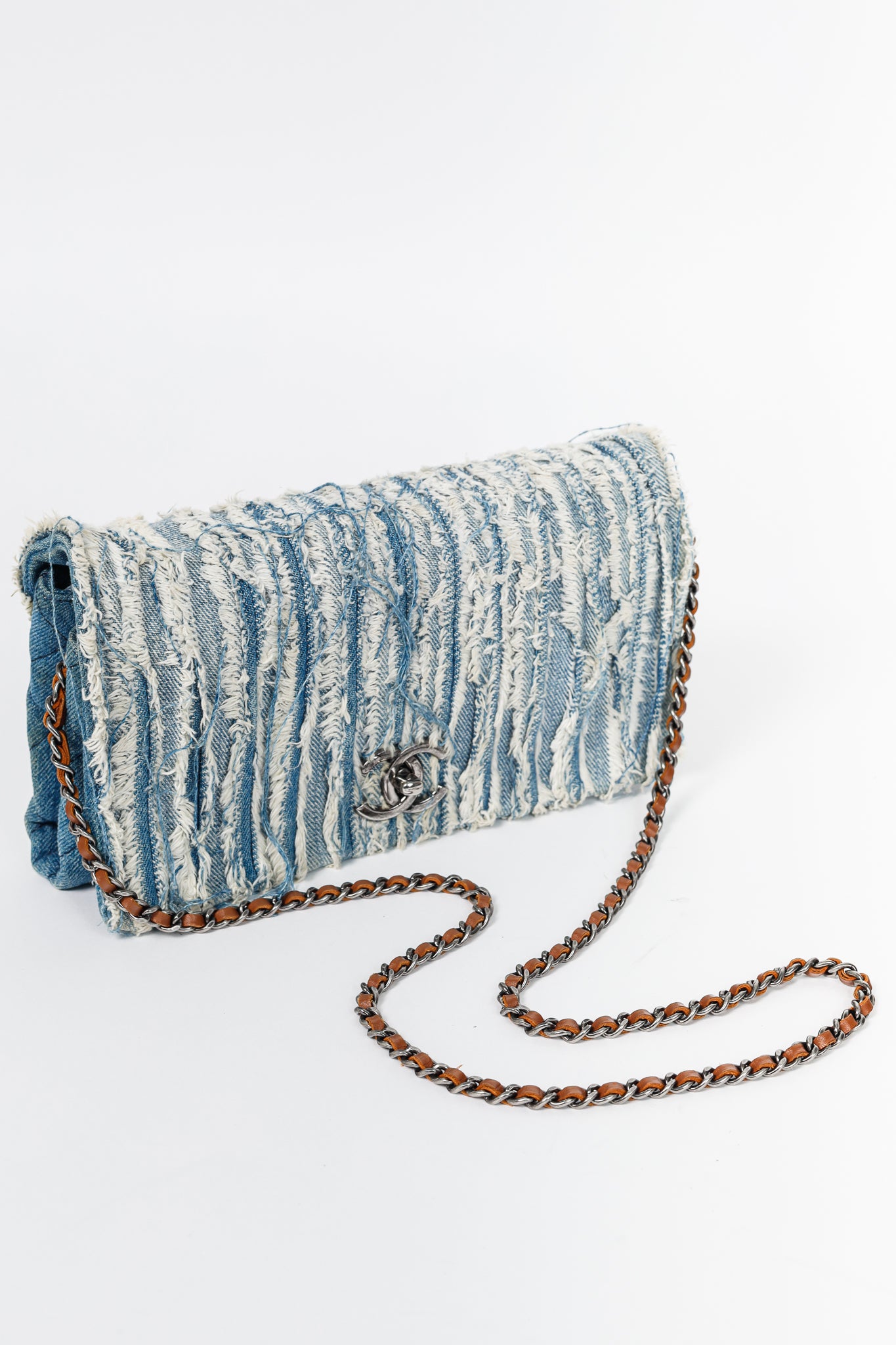 Chanel 15P Blue Denim Fringe CC Medium Flap Bag