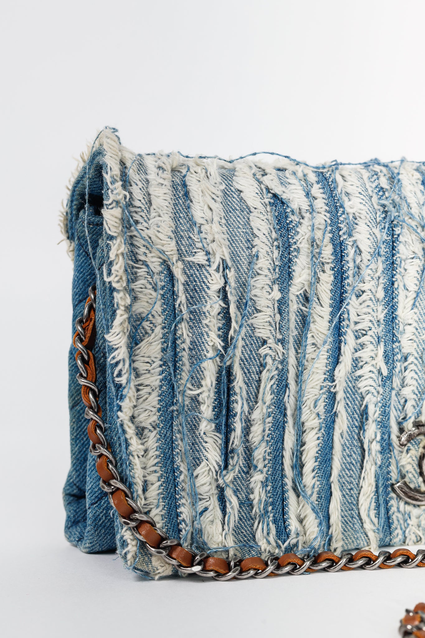 Chanel 15P Blue Denim Fringe CC Medium Flap Bag