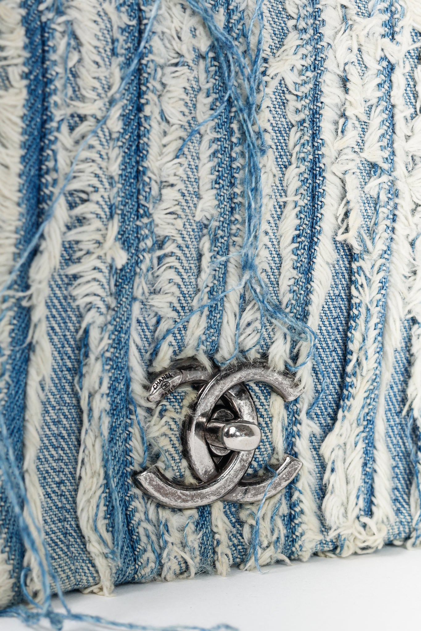 Chanel 15P Blue Denim Fringe CC Medium Flap Bag
