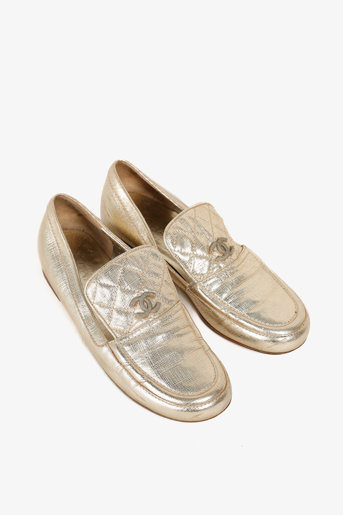 Chanel Gold CC Quilted Leather Loafers