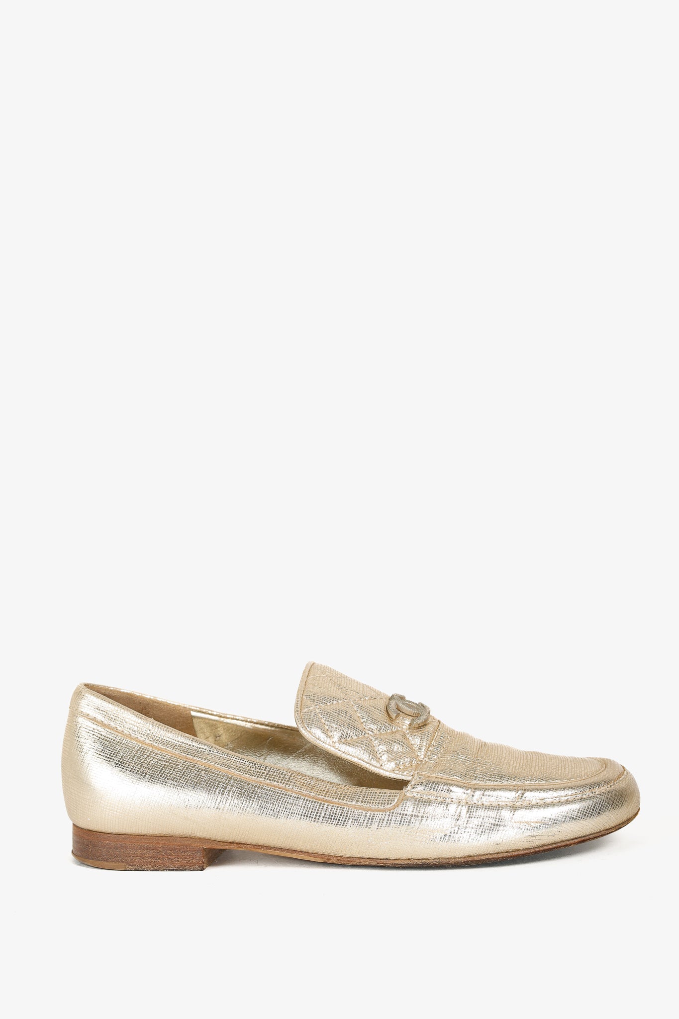 Chanel Gold CC Quilted Leather Loafers