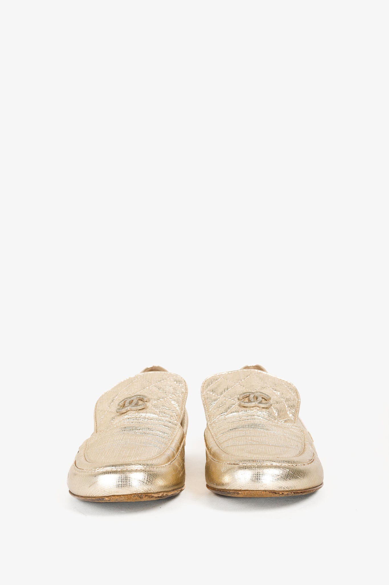 Chanel Gold CC Quilted Leather Loafers