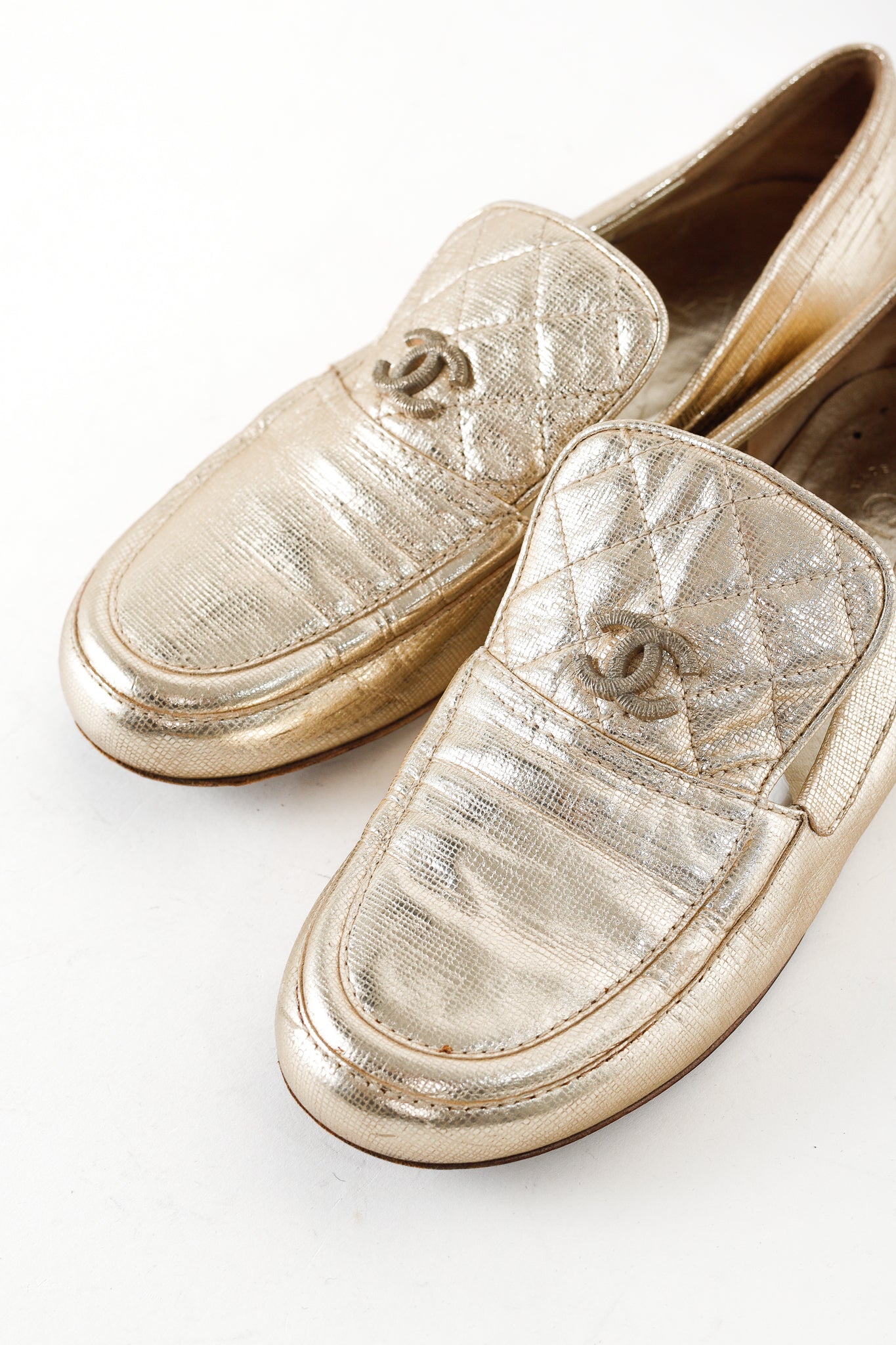 Chanel Gold CC Quilted Leather Loafers