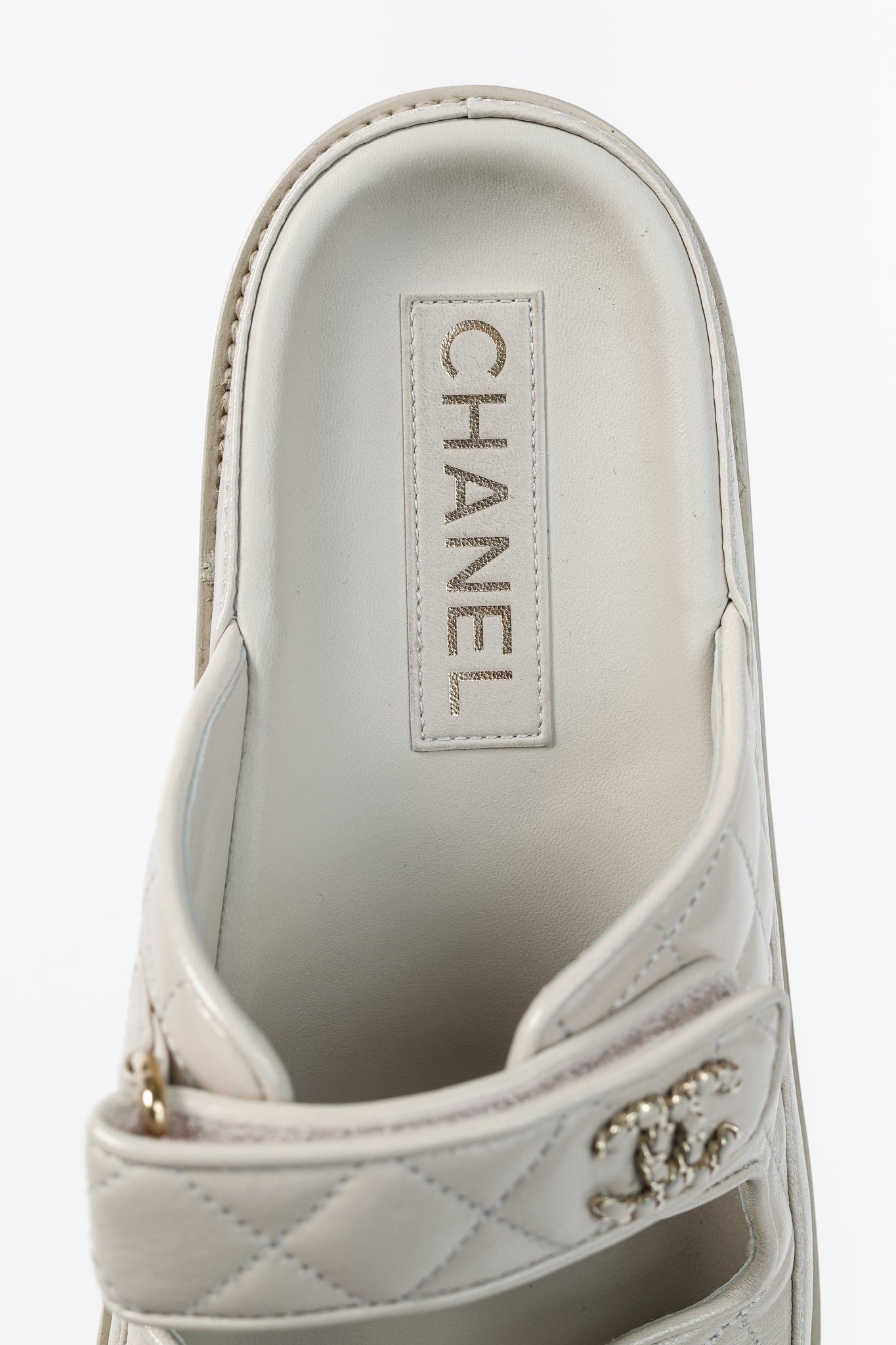 Chanel Light-Grey Lambskin Quilted CC Chain Dad Sandals