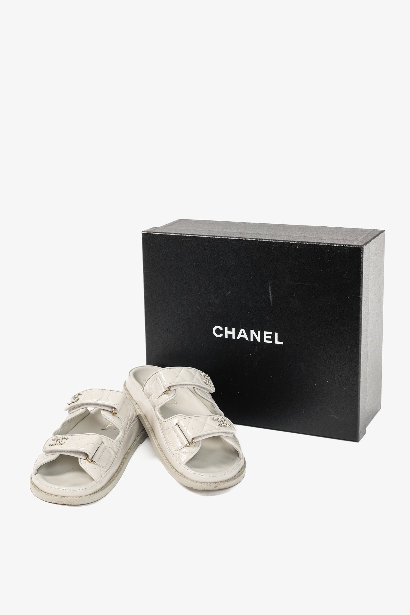 Chanel Light-Grey Lambskin Quilted CC Chain Dad Sandals
