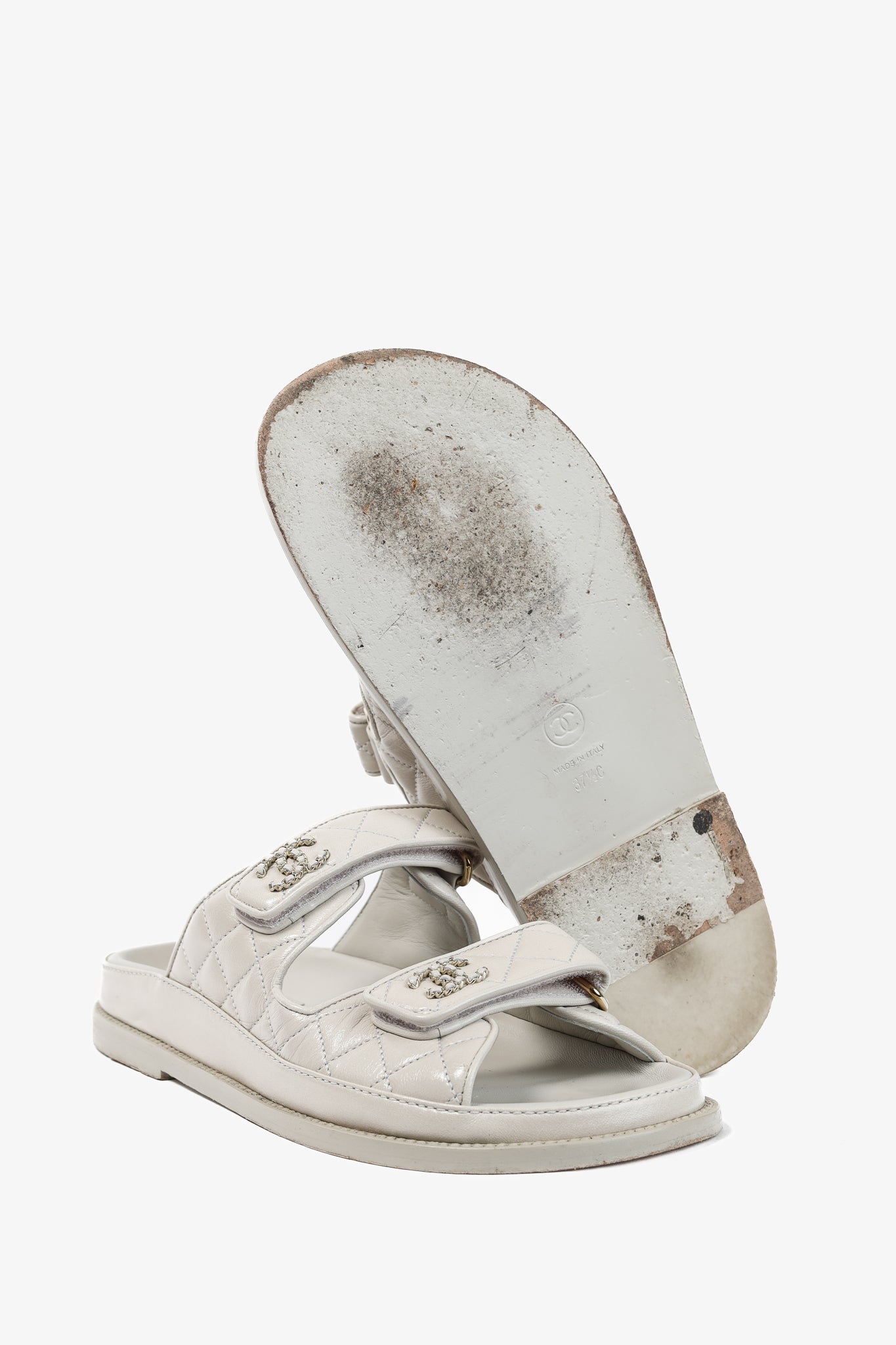 Chanel Light-Grey Lambskin Quilted CC Chain Dad Sandals