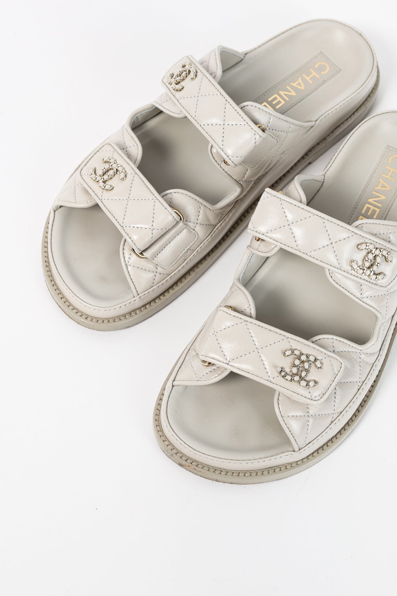 Chanel Light-Grey Lambskin Quilted CC Chain Dad Sandals