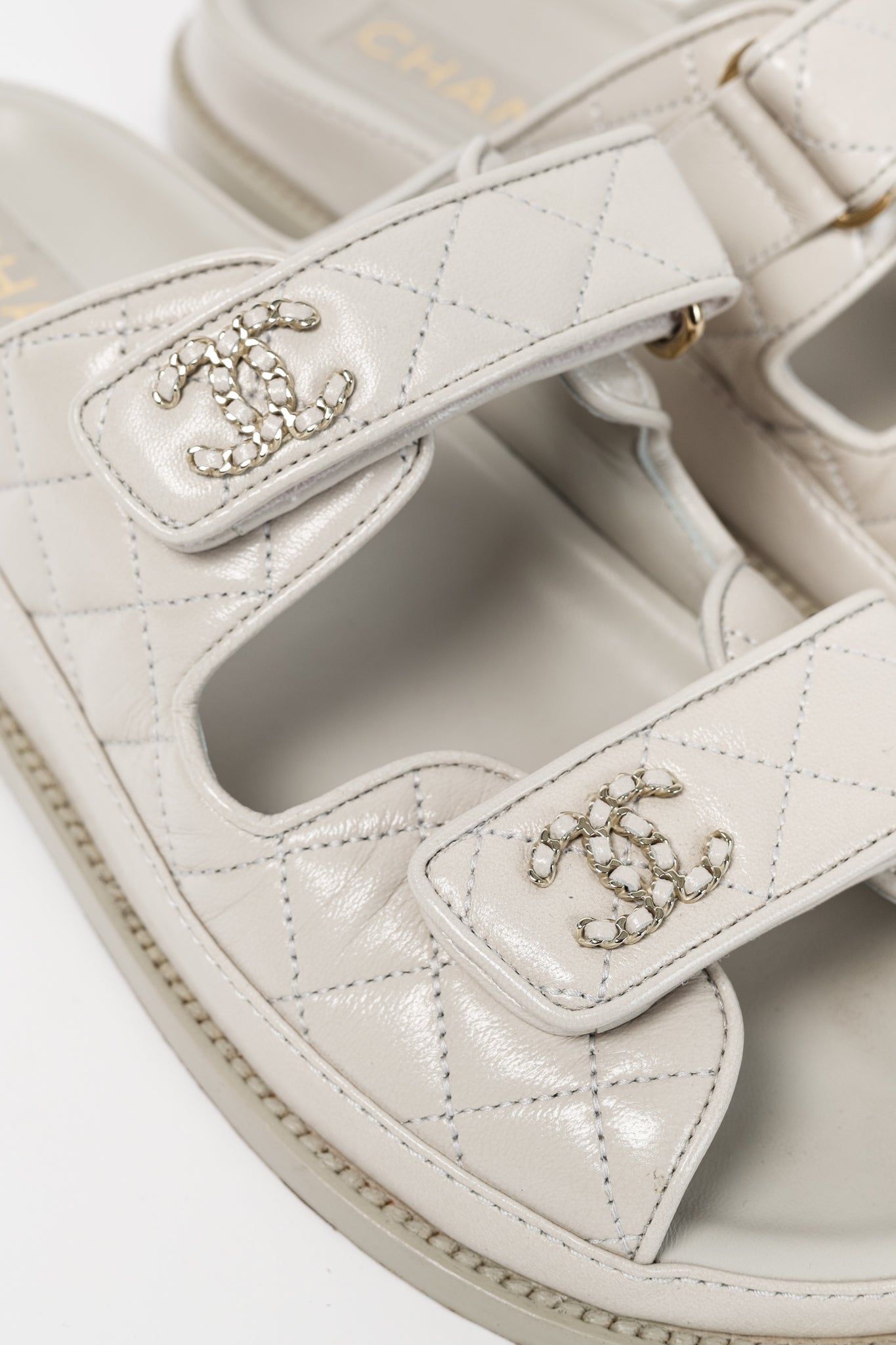Chanel Light-Grey Lambskin Quilted CC Chain Dad Sandals