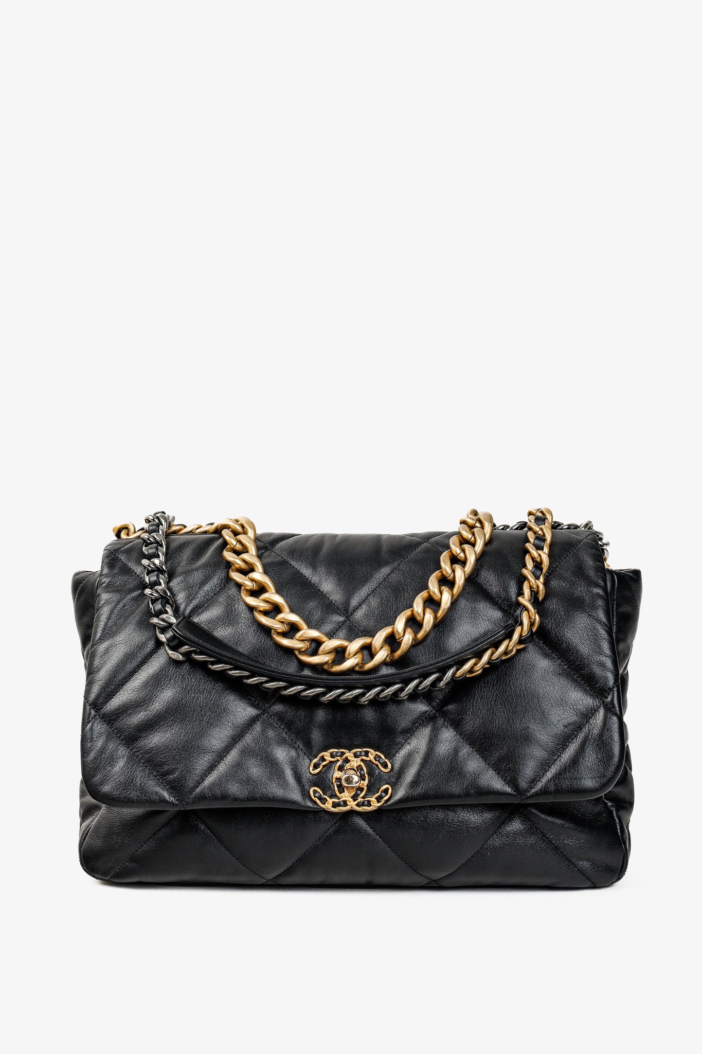 Chanel Maxi 19 Large Classic Two Tone Chain Black Leather Flap Bag