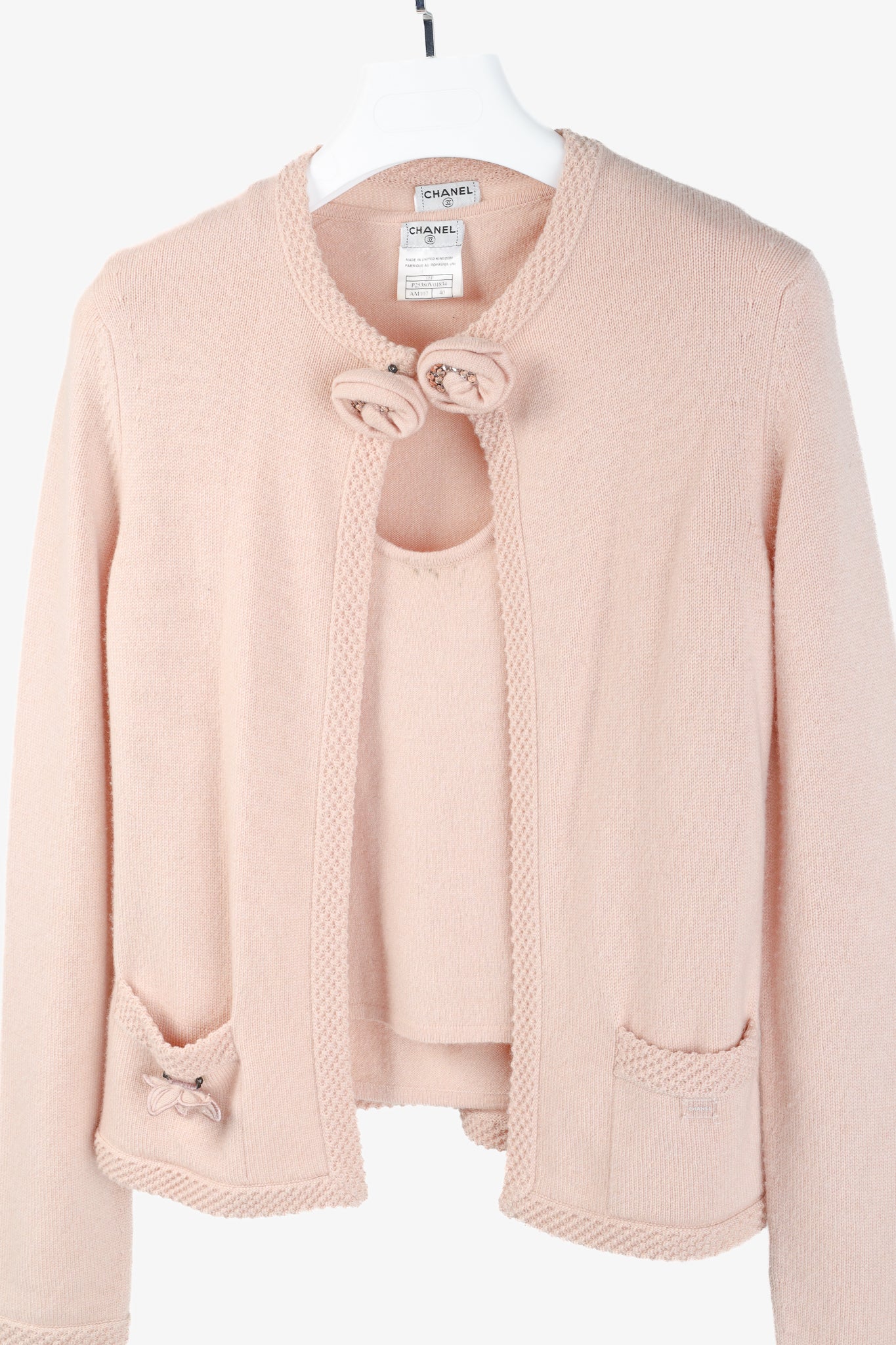 Chanel SS/05 Light Pink Cashmere Rosette Sweater Twinset