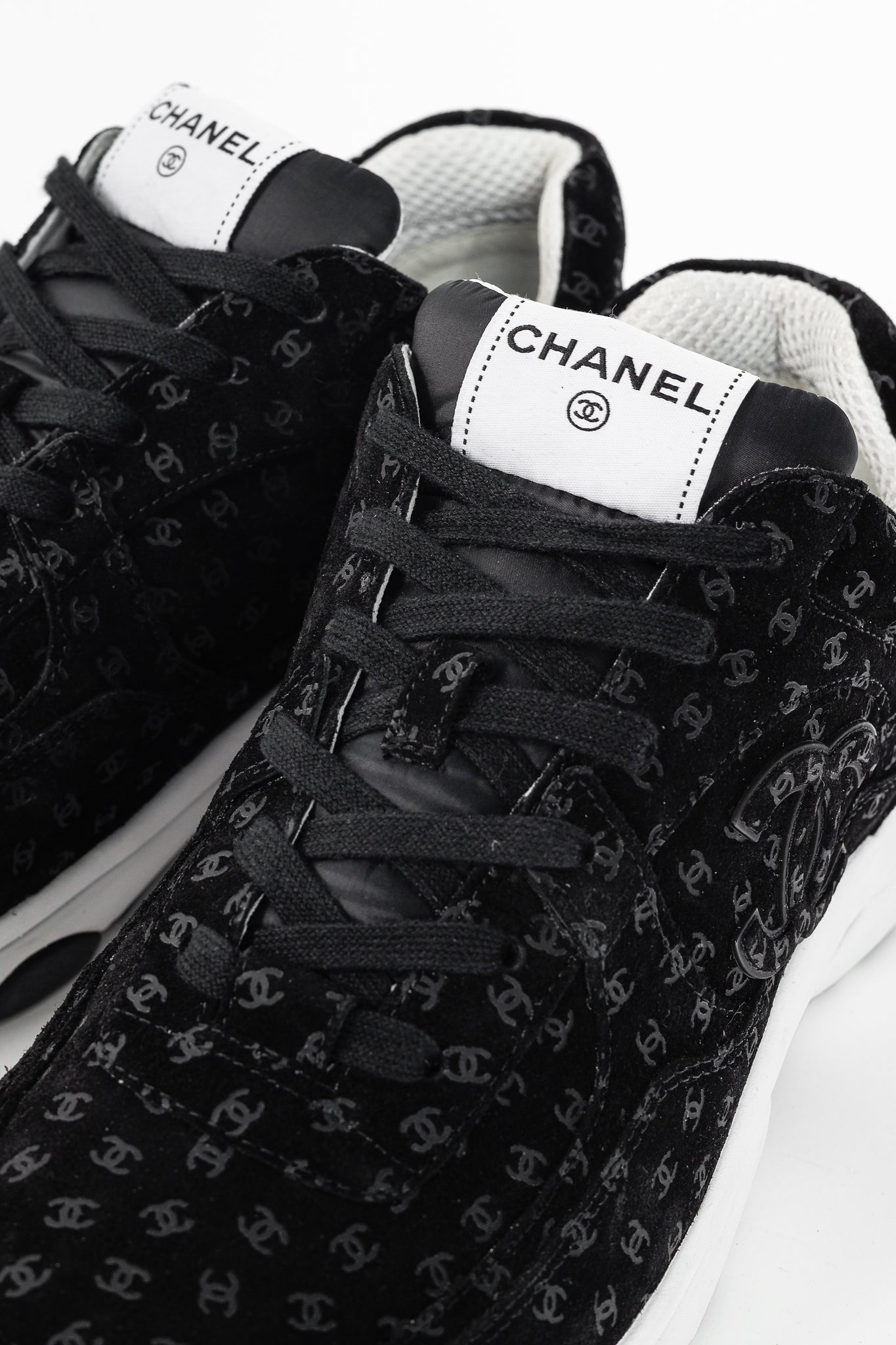 Chanel 22A Black Printed-CC-Logo Suede Low-Top Sneakers