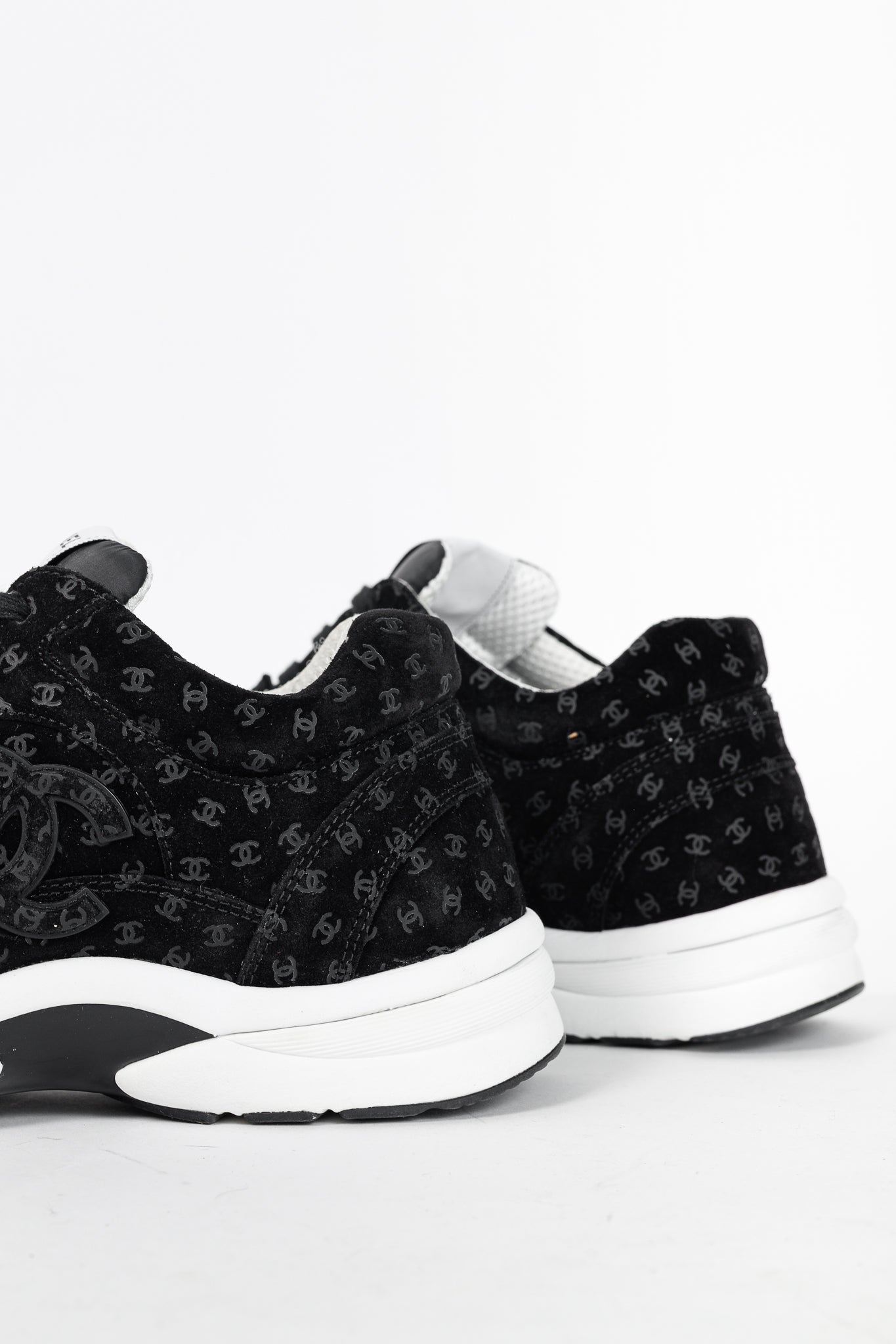 Chanel 22A Black Printed-CC-Logo Suede Low-Top Sneakers
