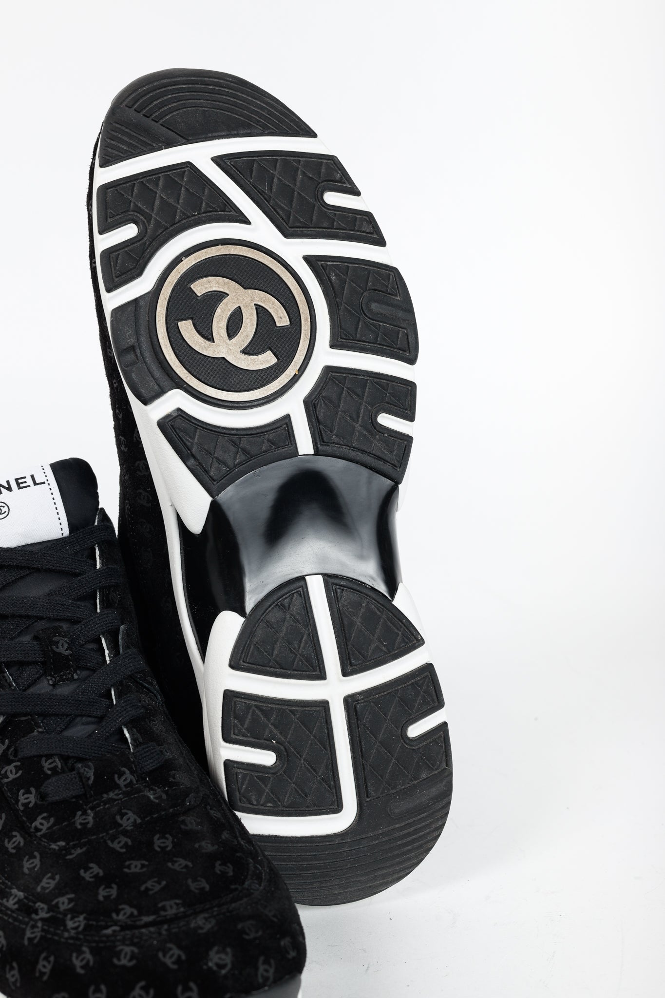 Chanel 22A Black Printed-CC-Logo Suede Low-Top Sneakers