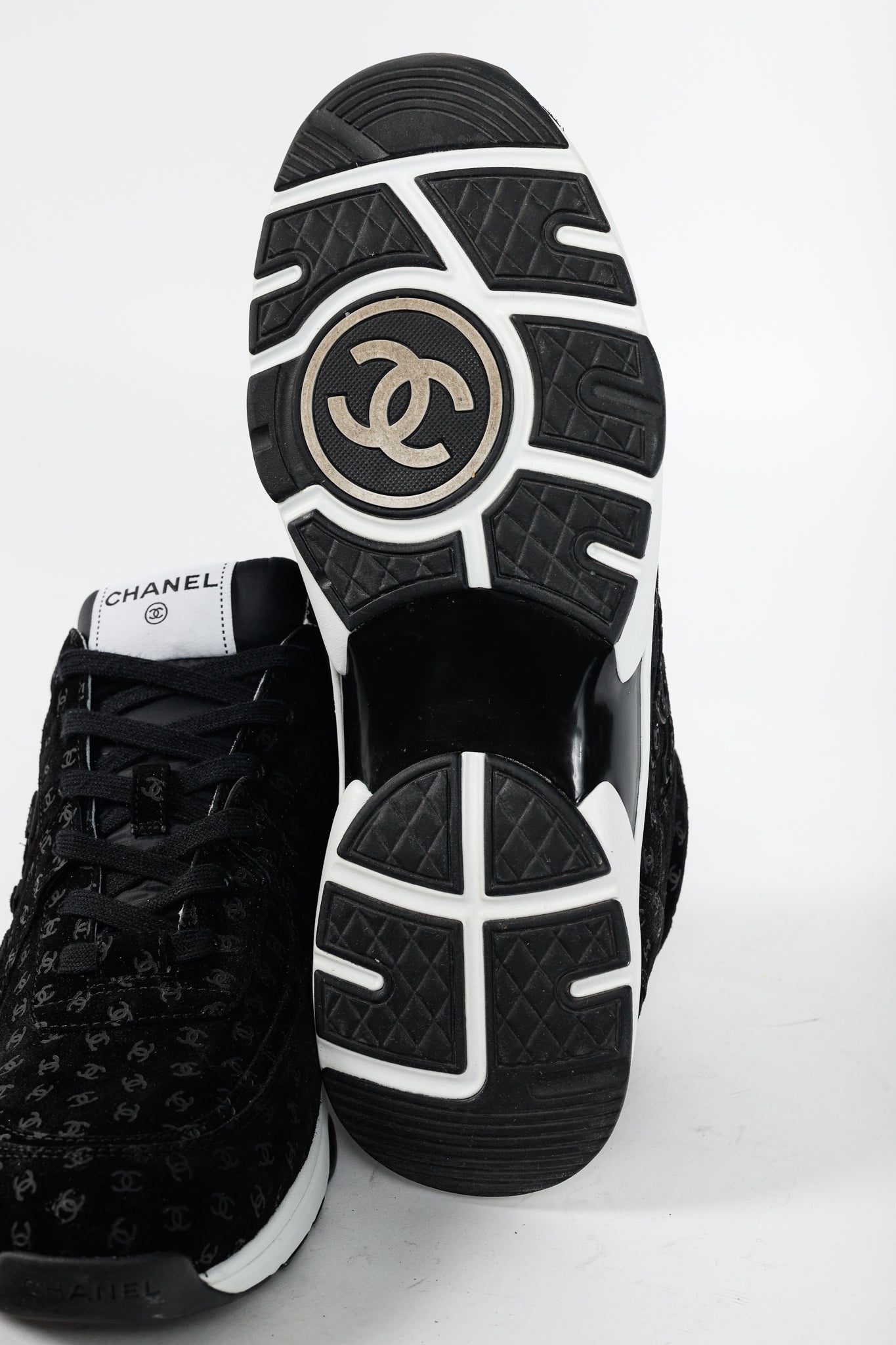 Chanel 22A Black Printed-CC-Logo Suede Low-Top Sneakers