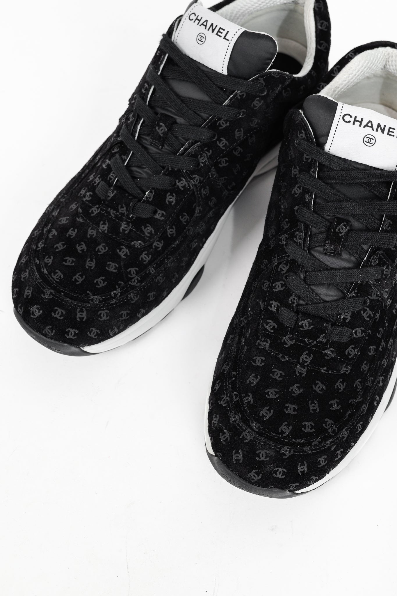 Chanel 22A Black Printed-CC-Logo Suede Low-Top Sneakers