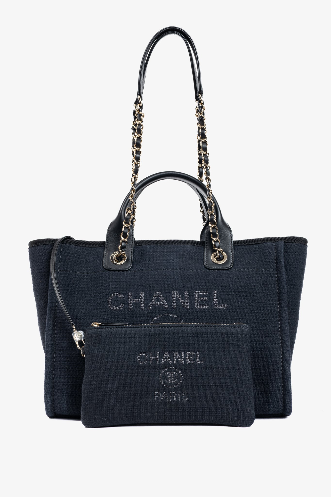 Chanel Small Deauville Black Canvas Logo Shopping Bag