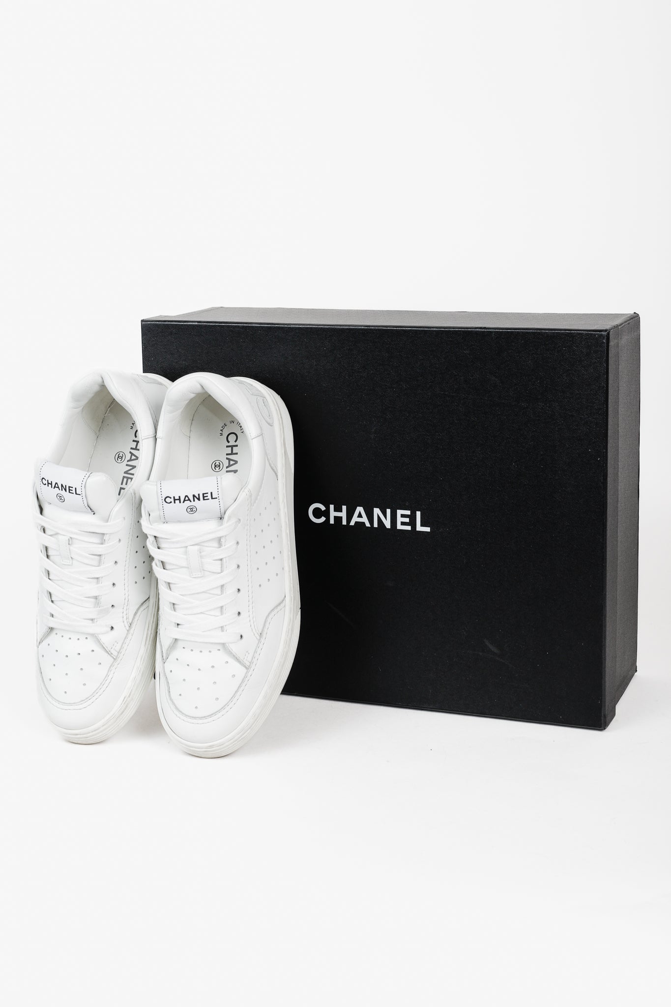 Chanel White Perforated Logo Leather Lace-Up Sneakers