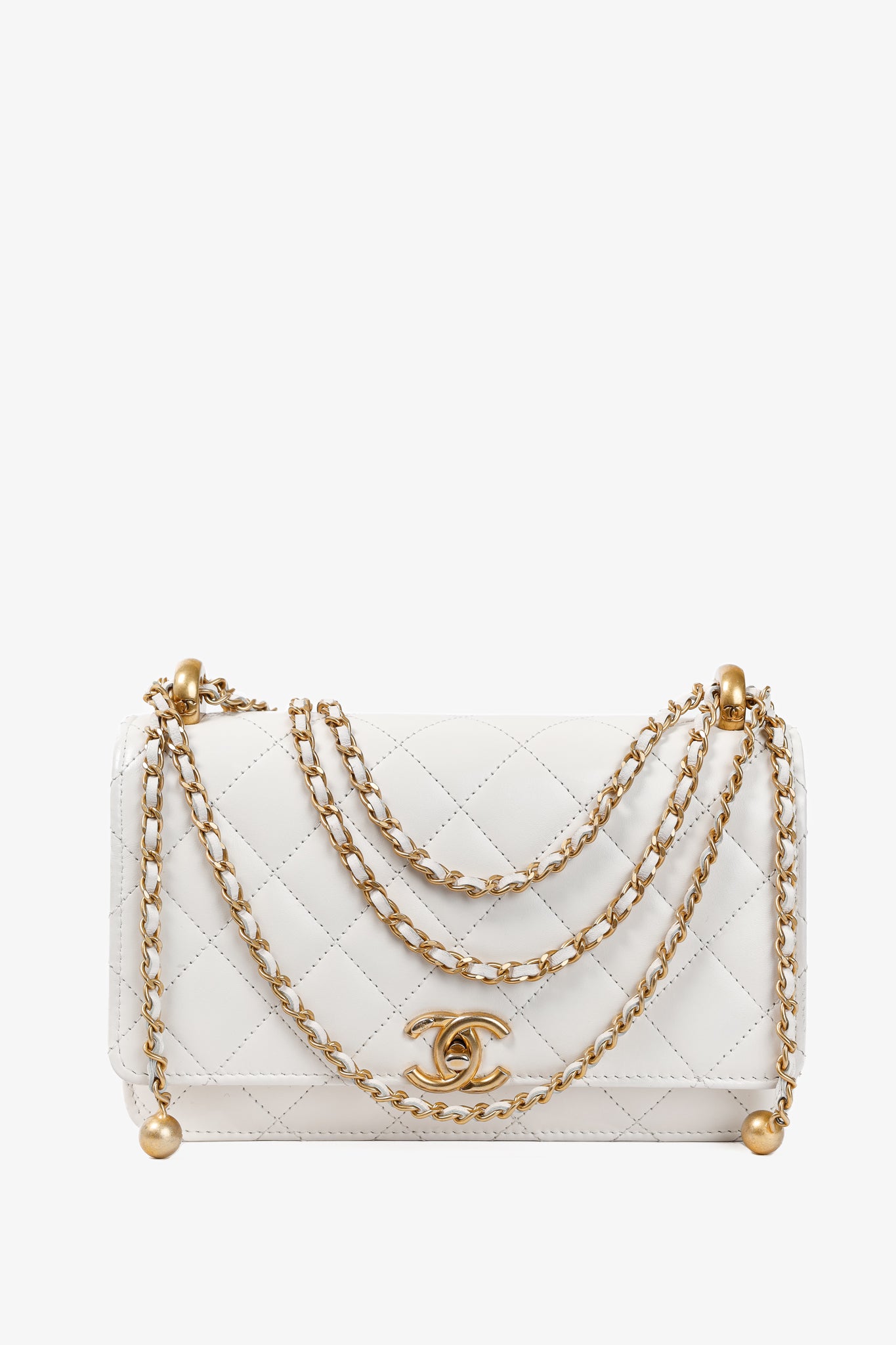 Chanel Pearl Crush White Quilted Lambskin Leather Wallet on Chain