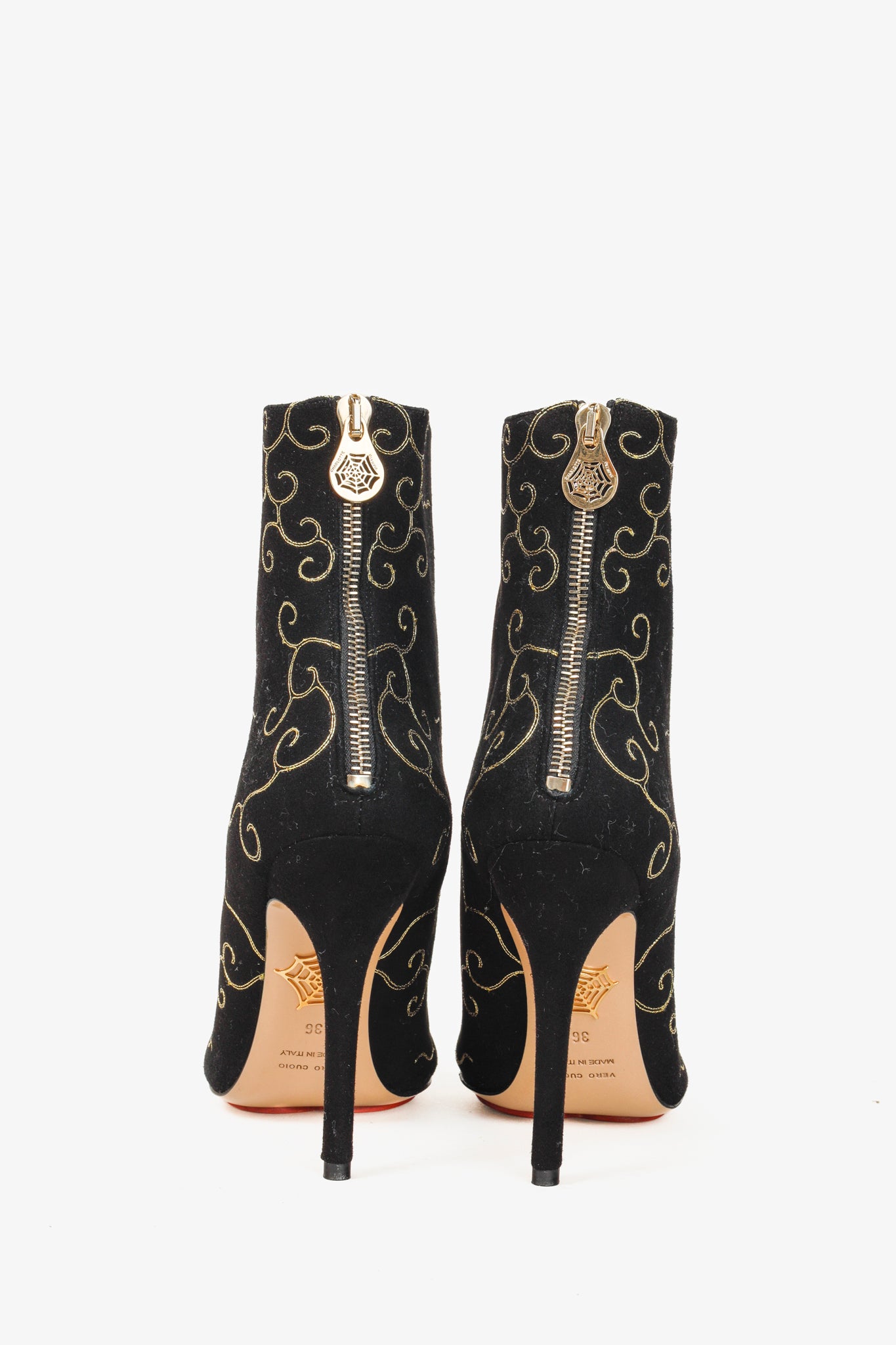Charlotte Olympia Betsy Black Gold Embroidered Stiletto Boots