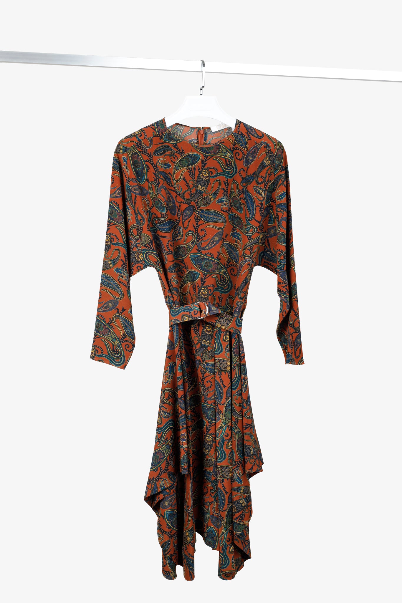 Chloe Brown & Blue Paisley Silk De Chine Belted Asymmetric Midi Dress Blogger Armoire Chloe Brown & Blue Paisley Silk De Chine Belted Asymmetric Midi Dress Blogger Armoire