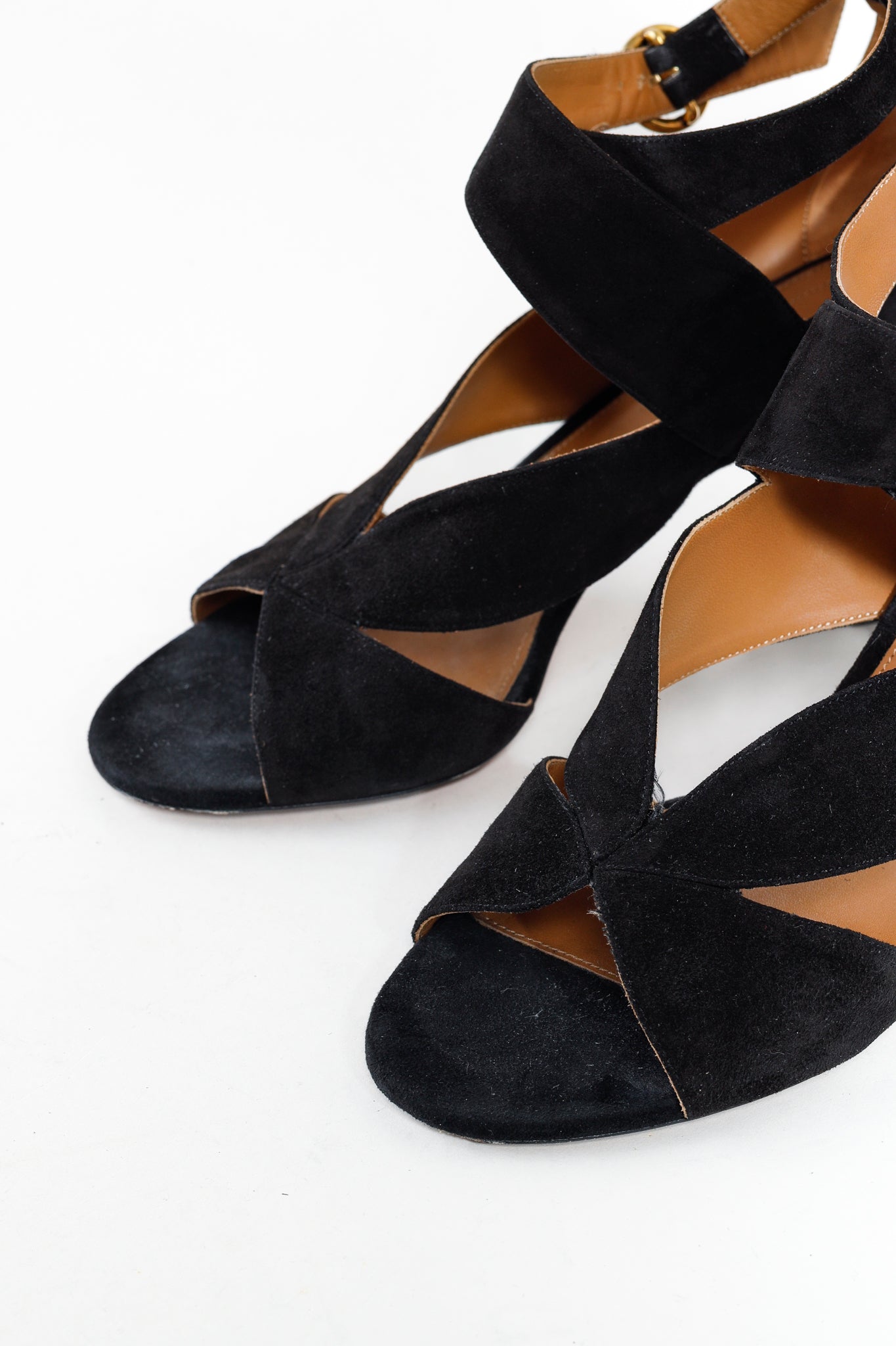 Chloe Graphic Leaves Cross-Over Vamp Ankle Wrap Black Suede Sandals