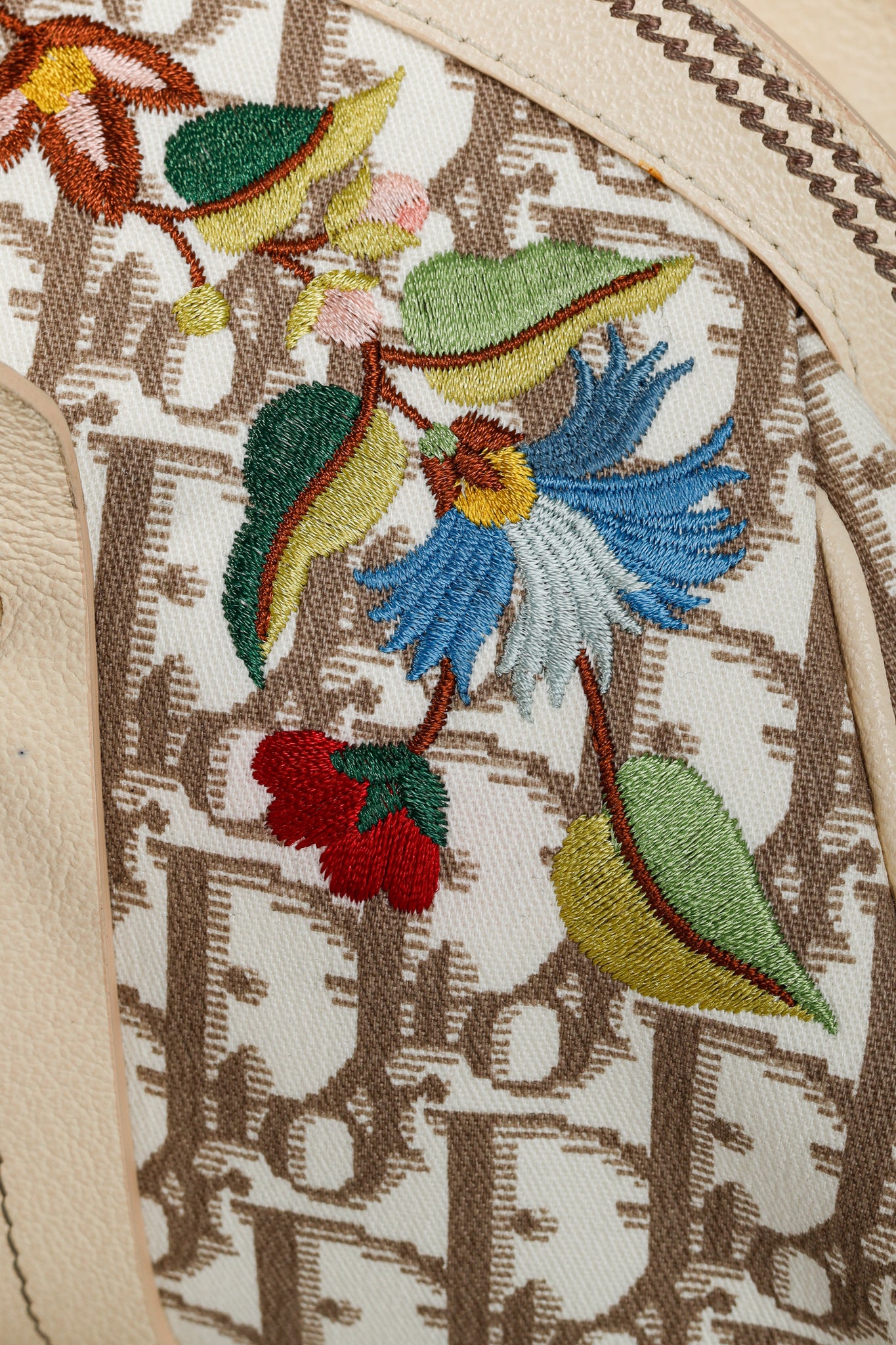 Christian Dior Vintage Flowers Beige Monogram Canvas Embroidered Frame Bag