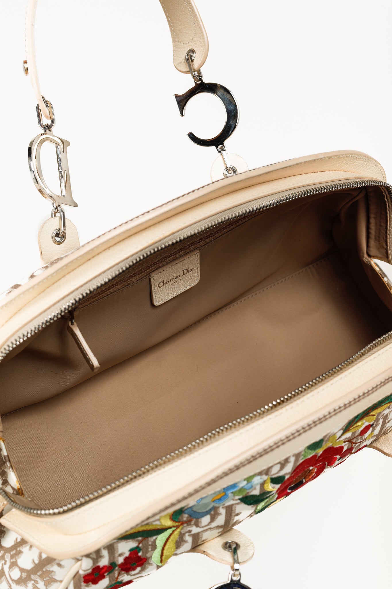Christian Dior Vintage Flowers Beige Monogram Canvas Embroidered Frame Bag