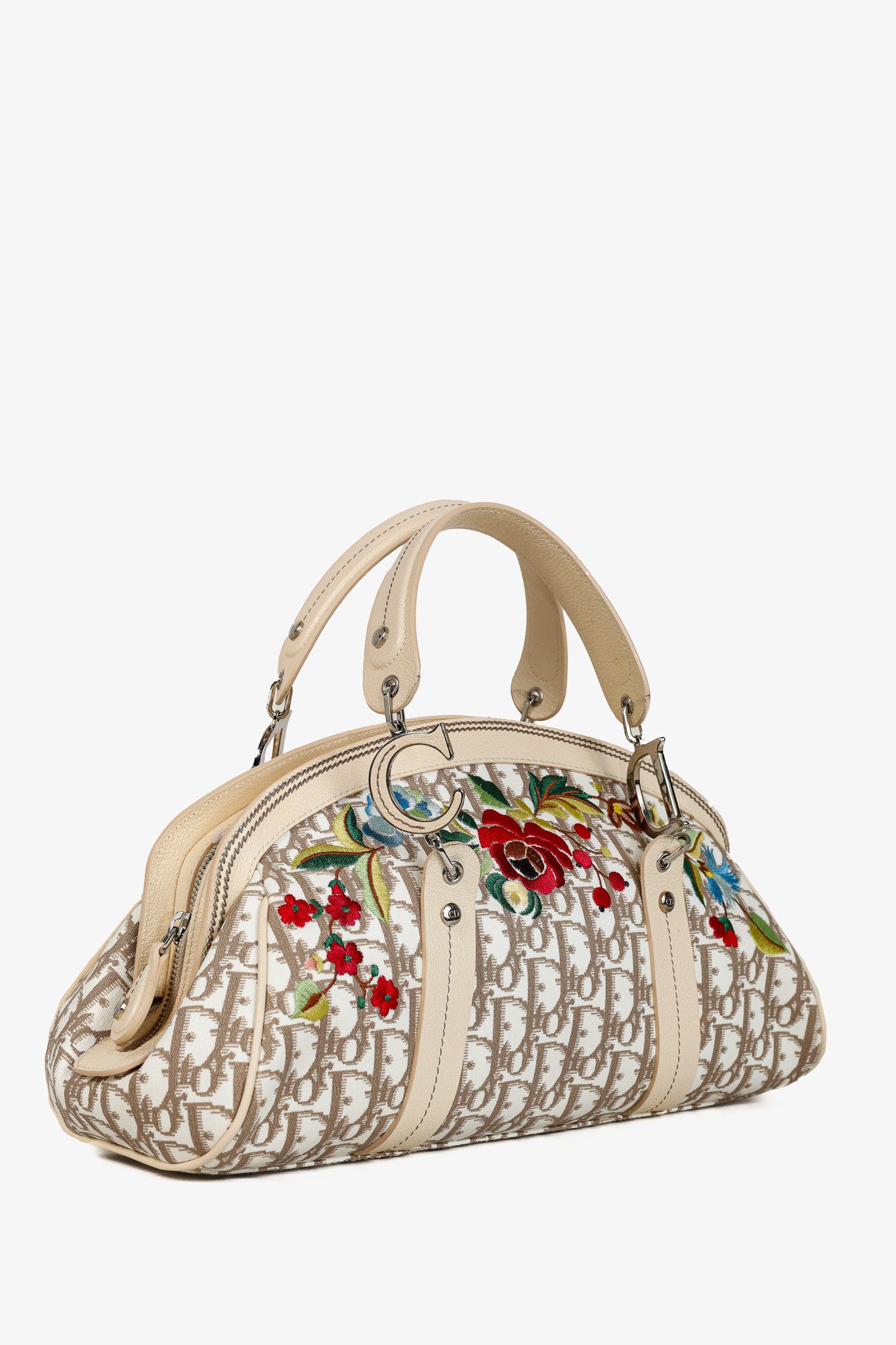 Christian Dior Vintage Flowers Beige Monogram Canvas Embroidered Frame Bag
