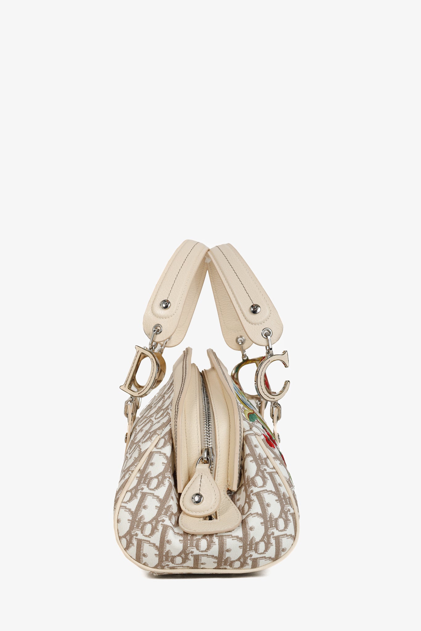 Christian Dior Vintage Flowers Beige Monogram Canvas Embroidered Frame Bag
