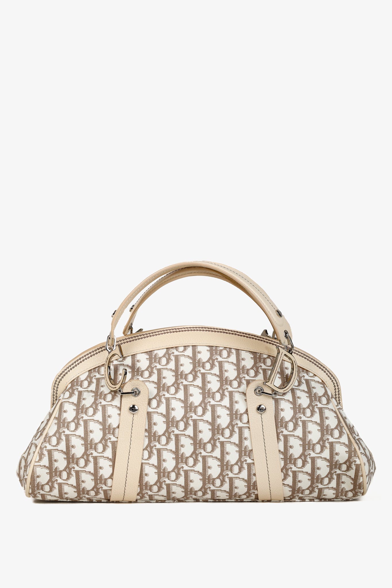 Christian Dior Vintage Flowers Beige Monogram Canvas Embroidered Frame Bag