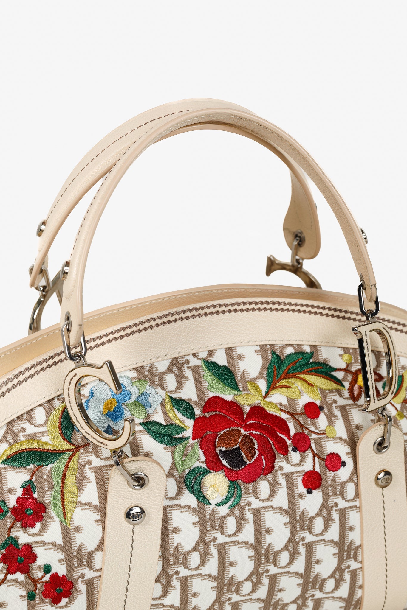 Christian Dior Vintage Flowers Beige Monogram Canvas Embroidered Frame Bag