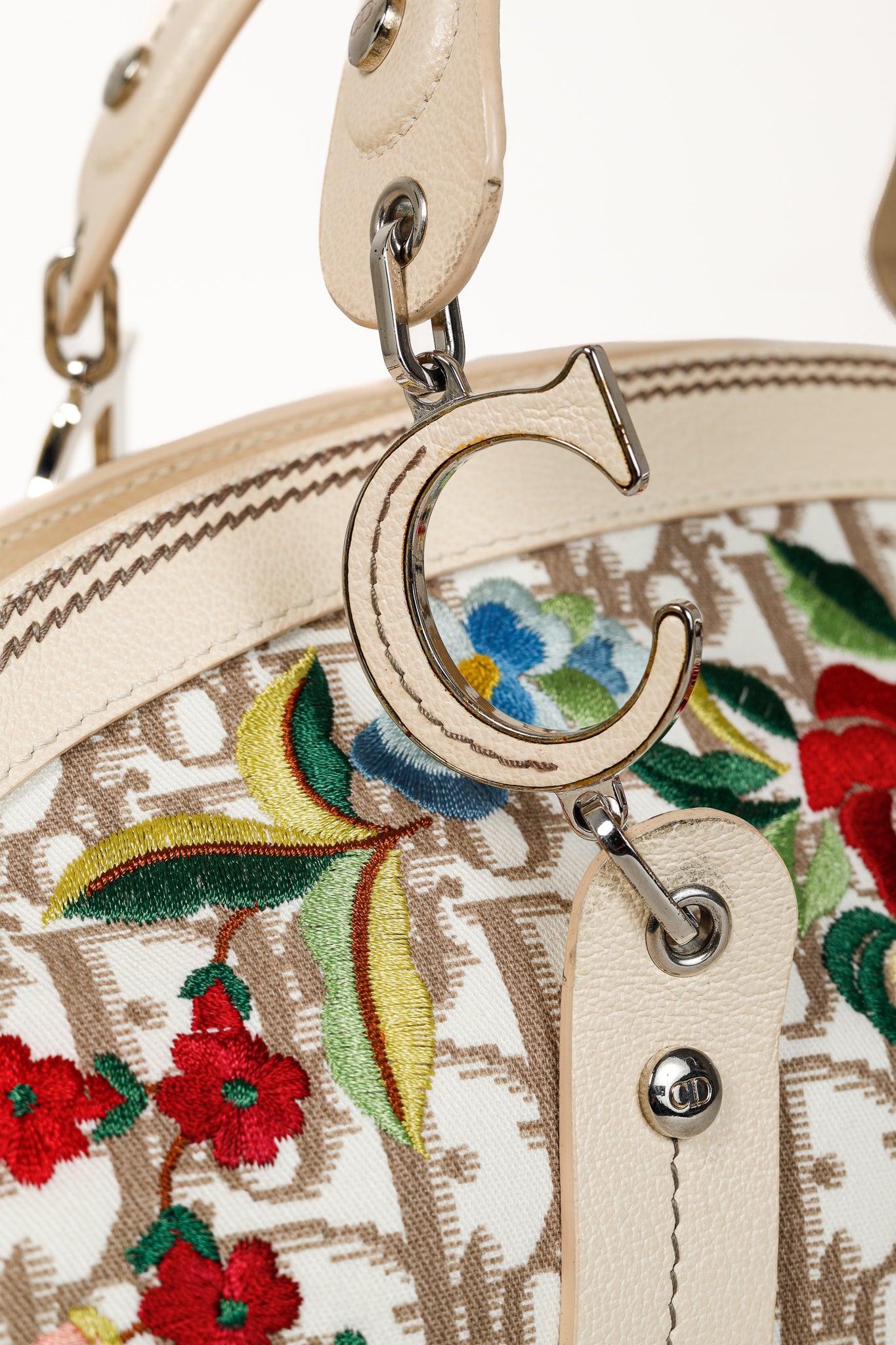 Christian Dior Vintage Flowers Beige Monogram Canvas Embroidered Frame Bag